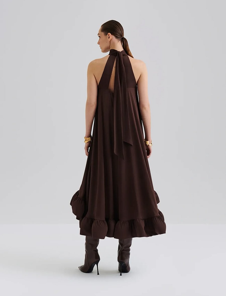 Malina - Sabrina halterneck ruffled maxi dress - aftonklänningar - espresso - 2