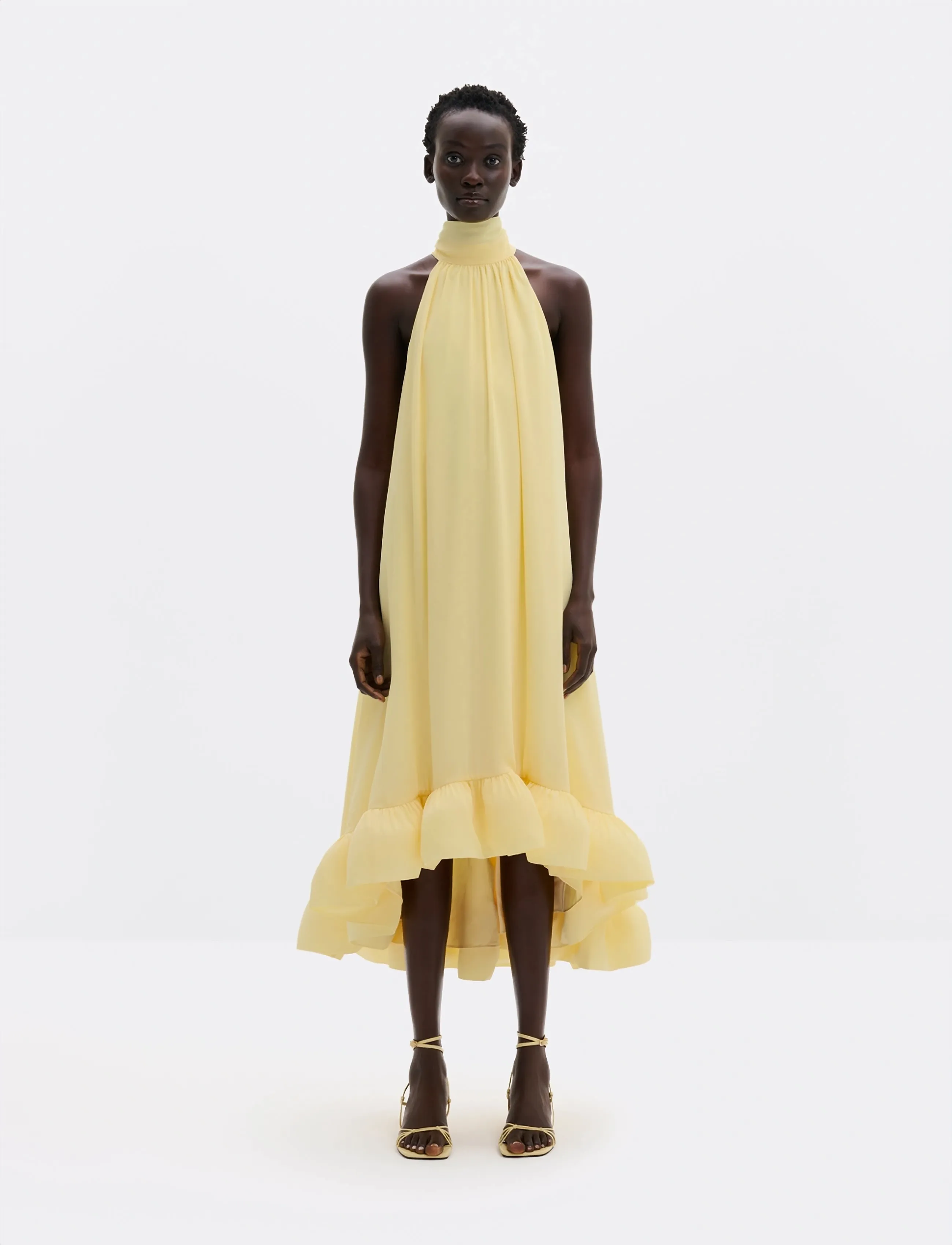 Malina Sabrina Halterneck Ruffled Midi Dress, S, Yellow, Kjoler > Knælange Og Midi, Dame