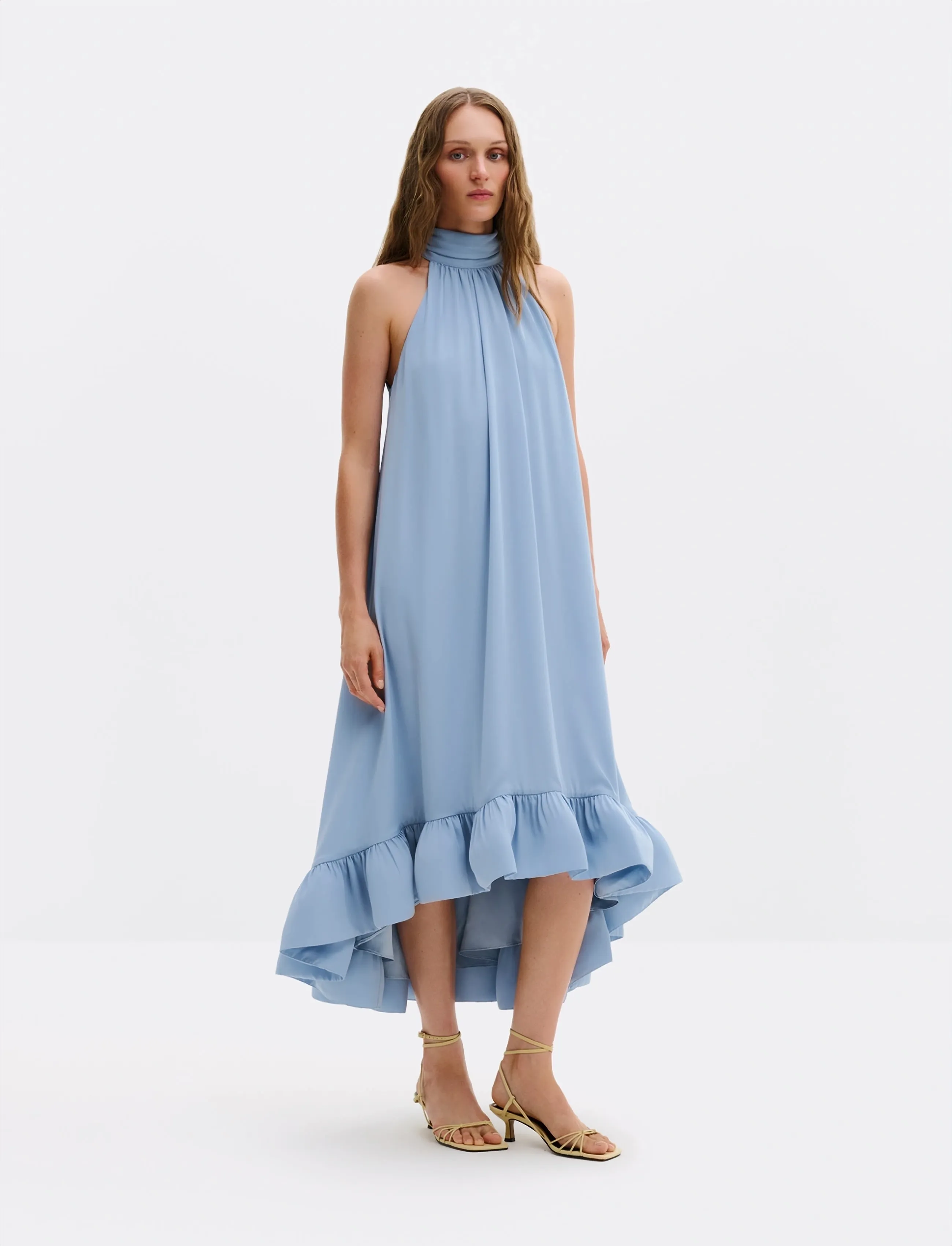 Malina Sabrina Halterneck Ruffled Midi Dress, M, Dresses, Blau - Knee-length & Midi, Frauen