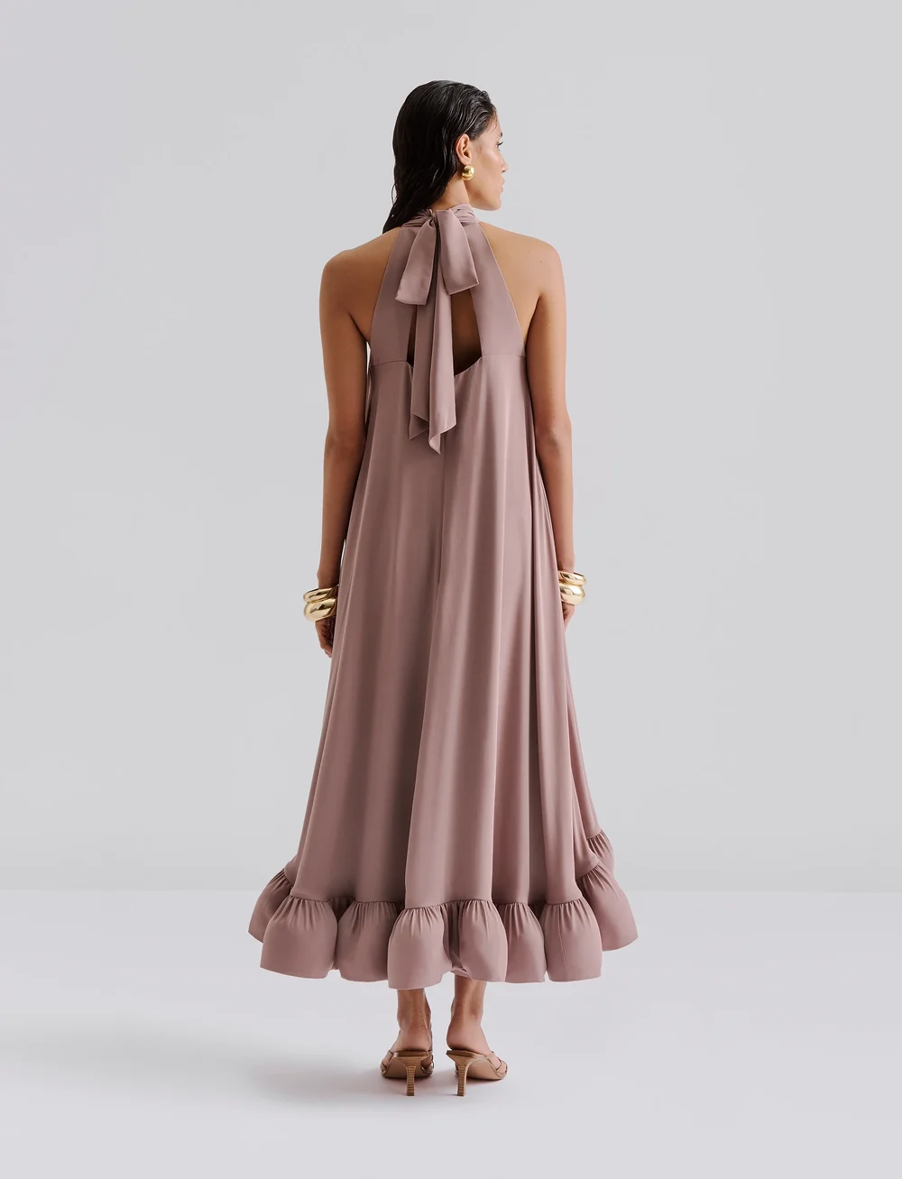 Malina - Sabrina Halterneck Ruffled Midi Dress - abendkleider - taupe - 3