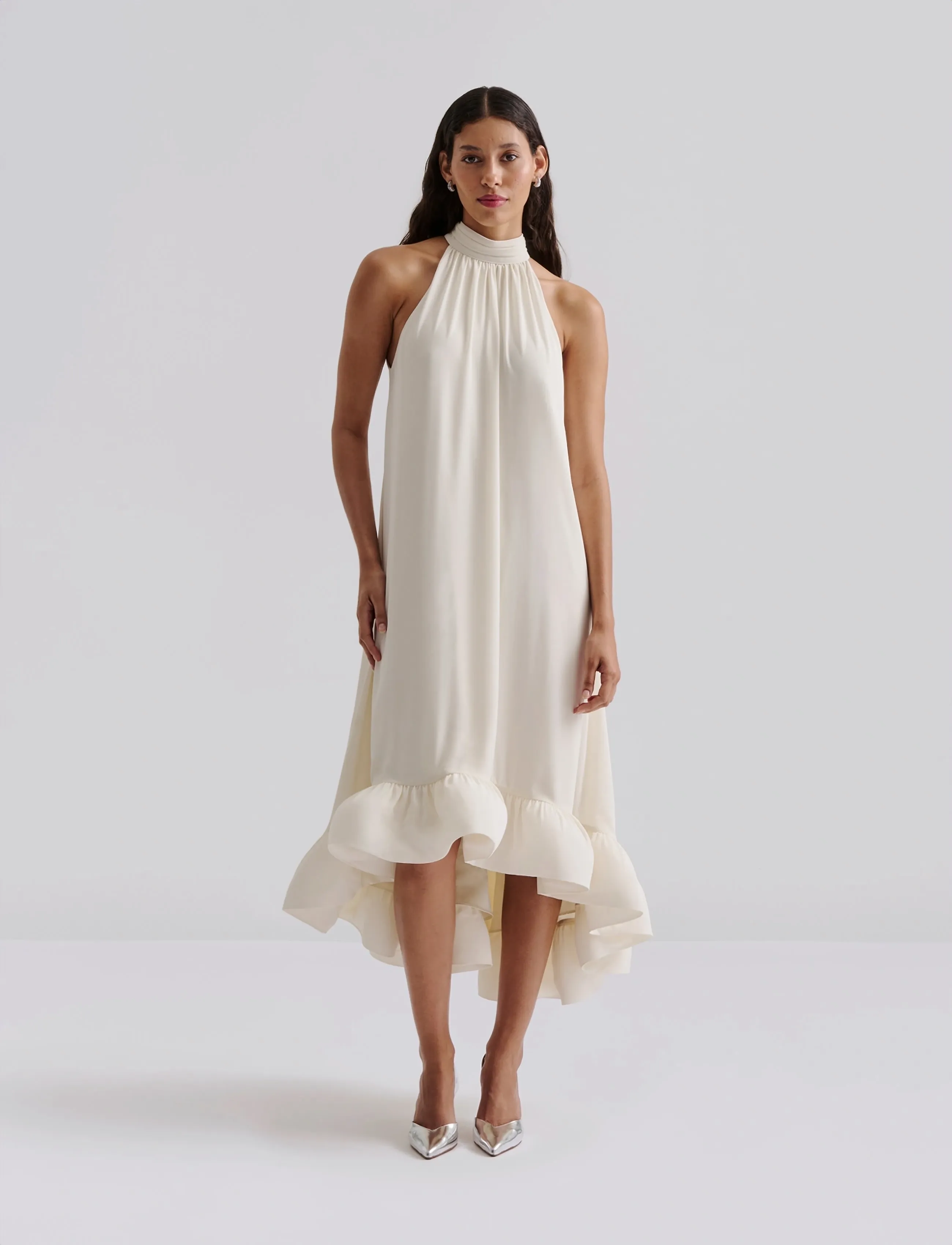 Malina Sabrina Halterneck Ruffled Midi Dress, XL, Cream, Kjoler > Knælange Og Midi, Dame