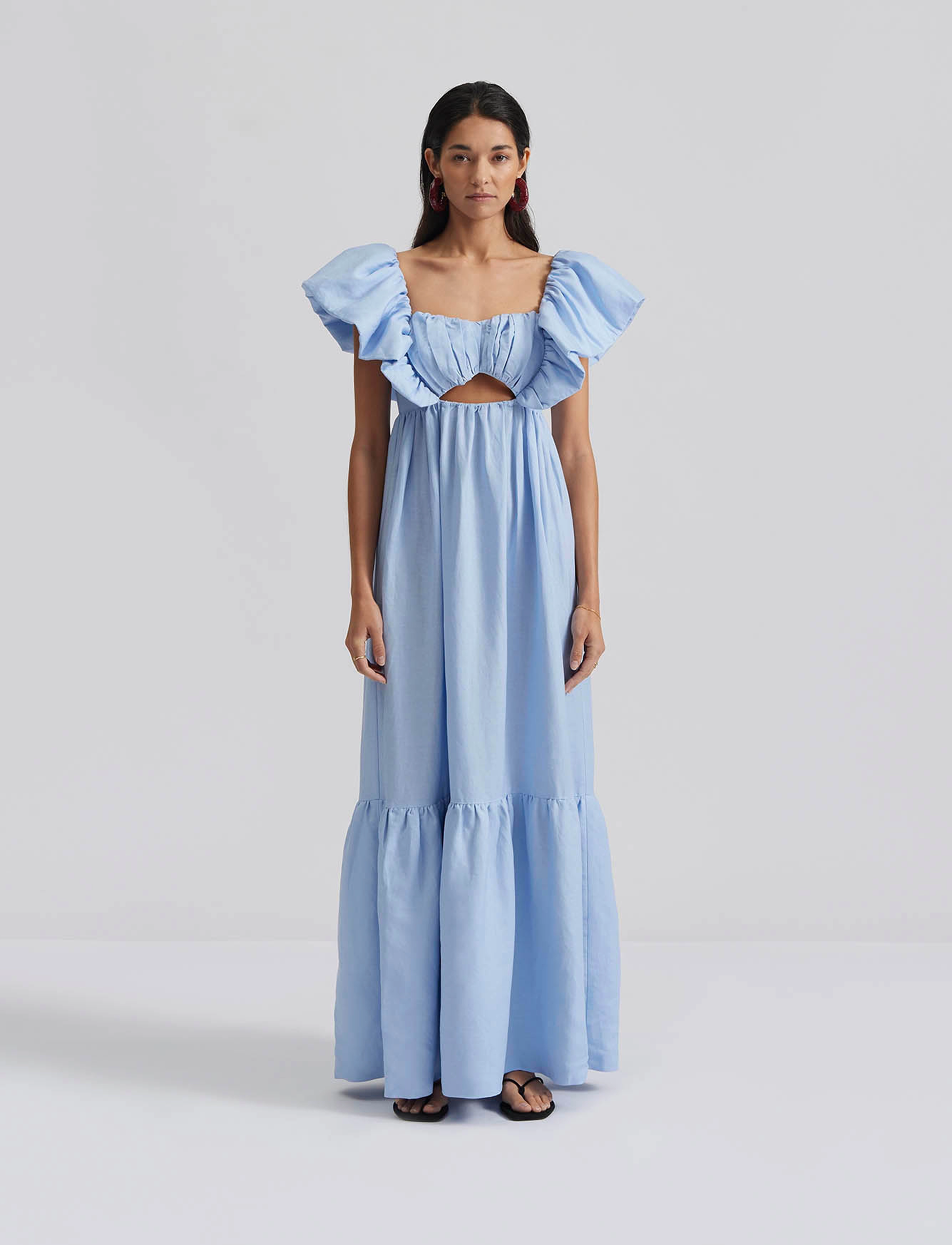 Malina - Emilie frill detailed linen blend maxi dress - pastel blue - 0