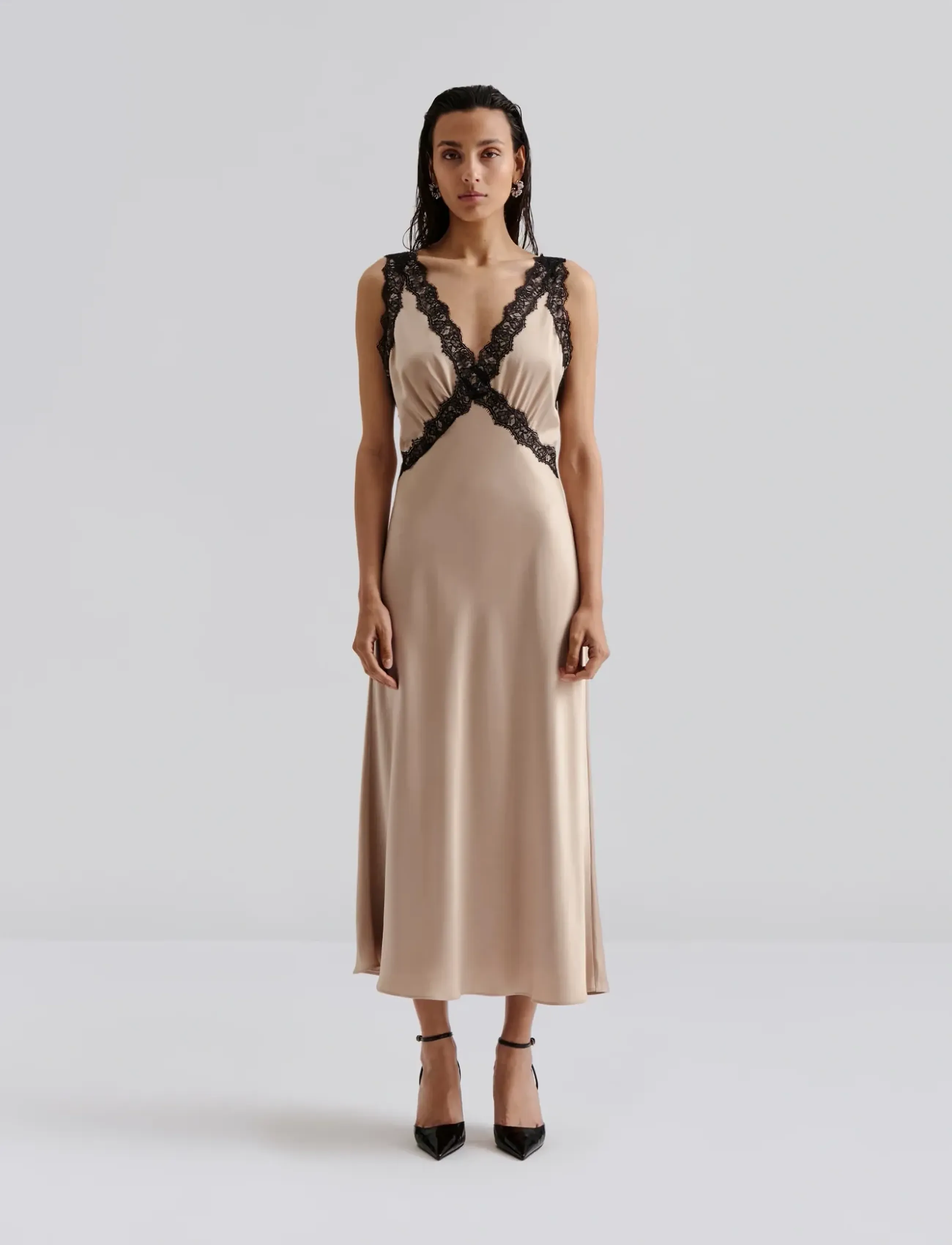Malina Shea Lace Detailed Satin Midi Dress, 40, Dresses, Creme - Knee-length & Midi, Frauen