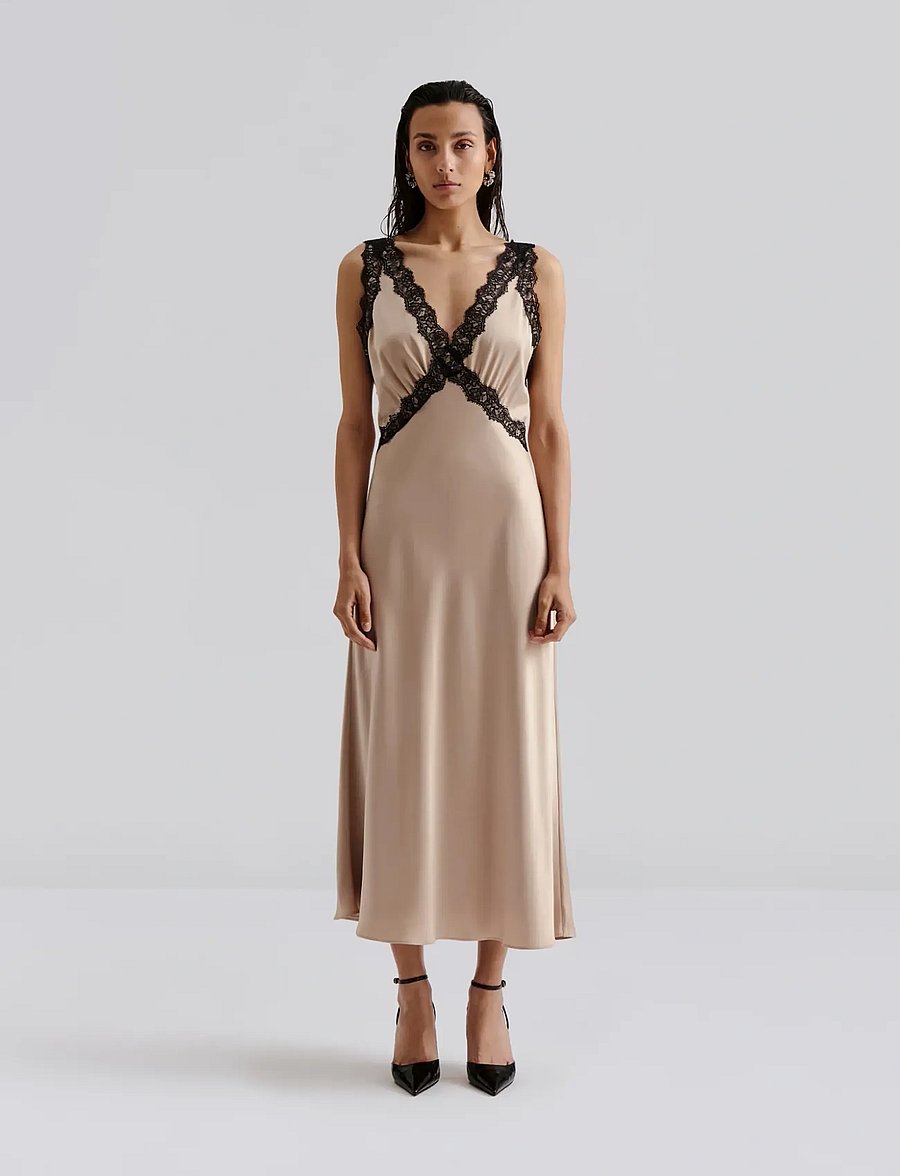 Malina - Shea lace detailed satin midi dress - robes midi - champagne - 0