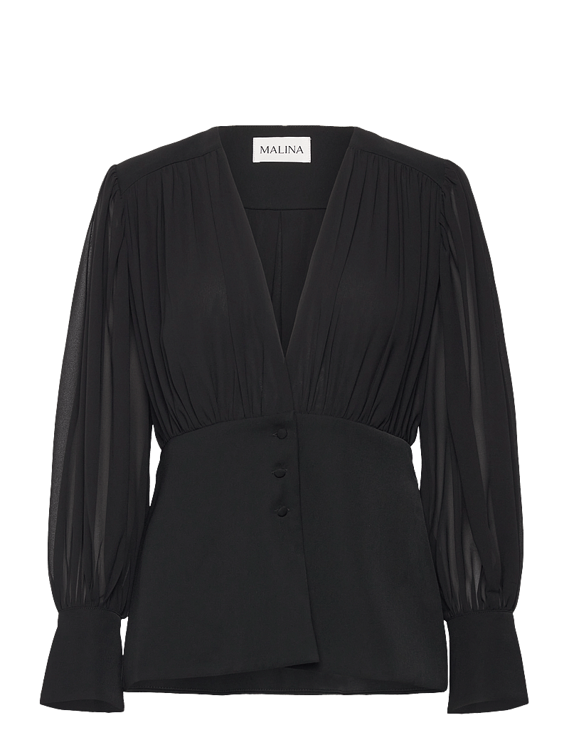 Malina - Wilhelmina wrap detail chiffon blouse - langärmlige blusen - black - 1