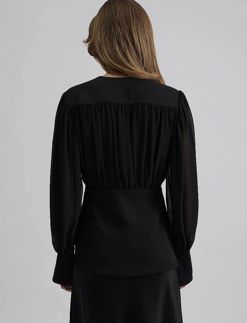 Malina - Wilhelmina wrap detail chiffon blouse - langärmlige blusen - black - 3
