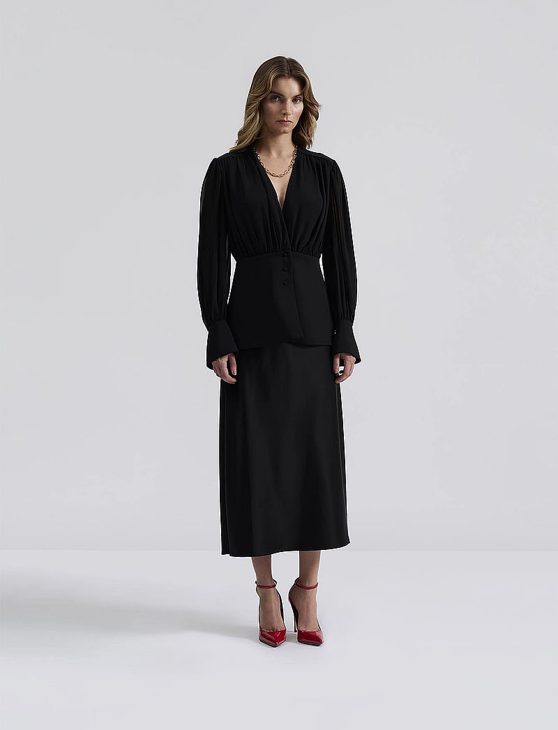 Malina - Wilhelmina wrap detail chiffon blouse - langärmlige blusen - black - 4