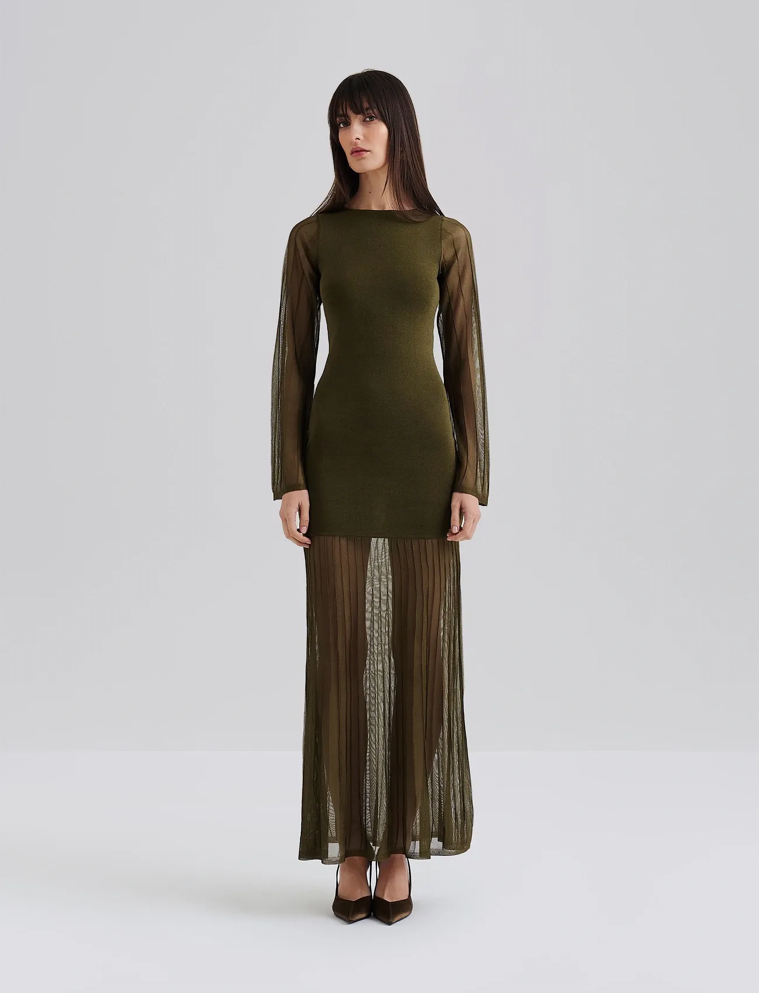 Malina Haisley Sheer Knitted Maxi Dress - Kleider - OLIVE / khaki/green