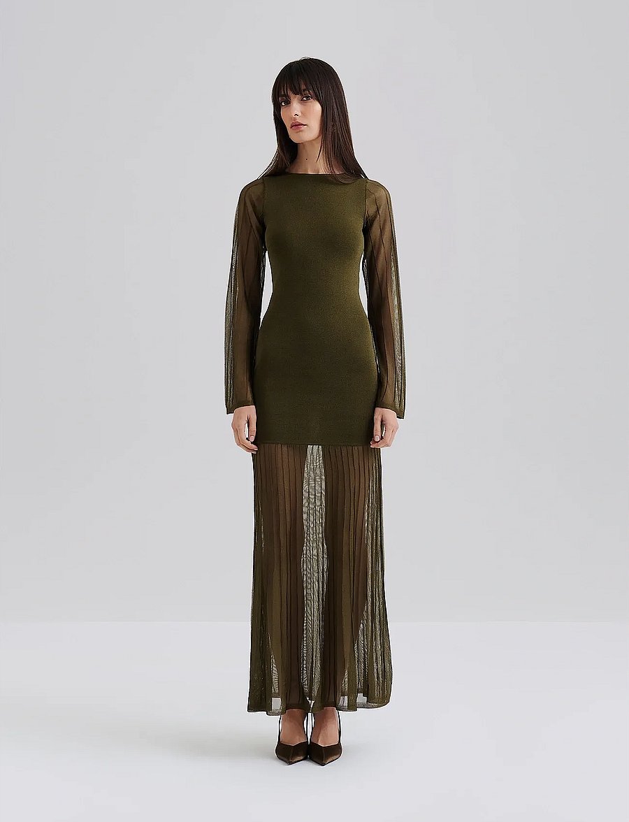 Malina - Haisley Sheer Knitted Maxi Dress - robes de soirée - olive - 0
