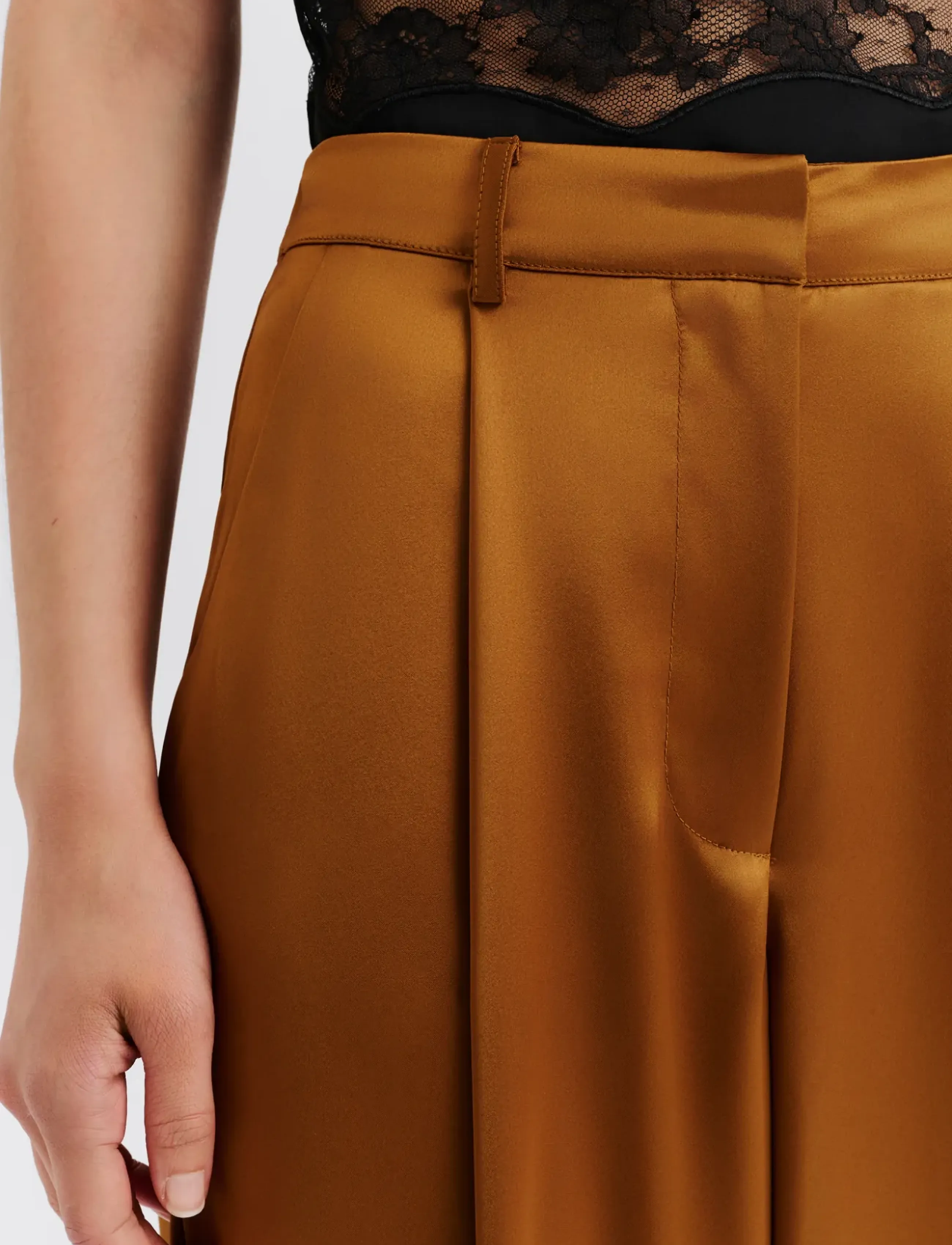 Malina Sarah Elastic Waist Satin Pants, Damen, Satin Plissierte Weite Hosen, Orange, Gr.M