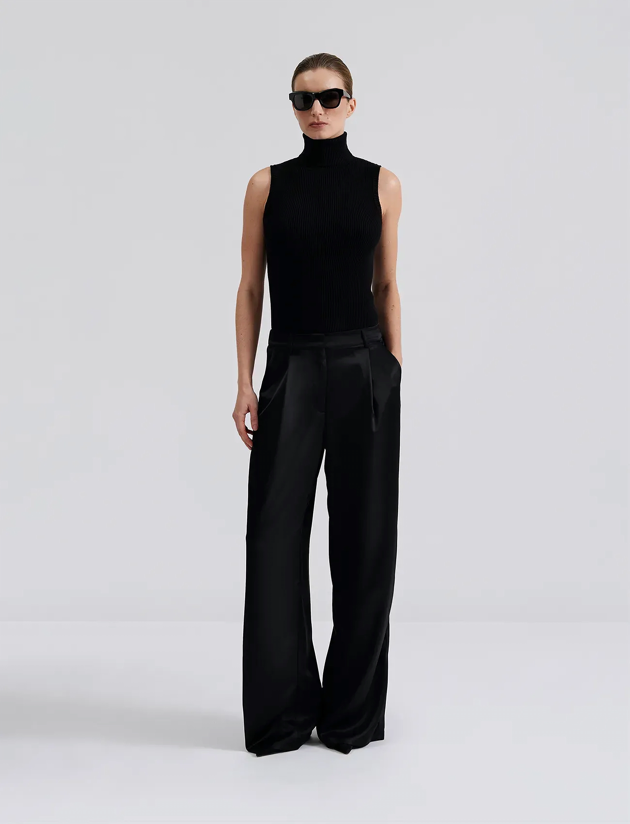 Malina Sarah Elastic Waist Satin Pants, L, Black, Bukser > Brede Ben, Dame