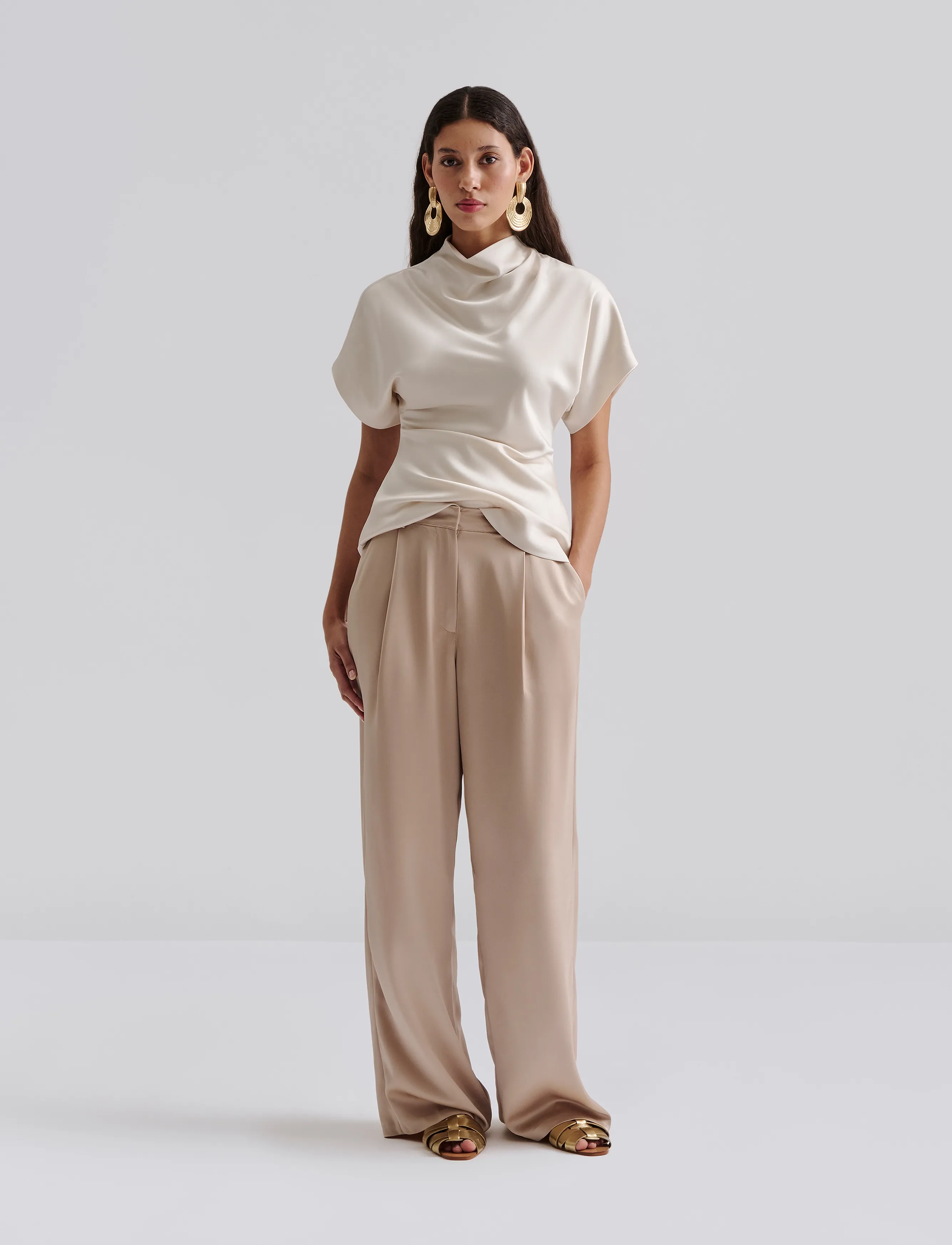 Malina Sarah Elastic Waist Satin Pants, XS, Gold, Bukser > Brede Ben, Dame