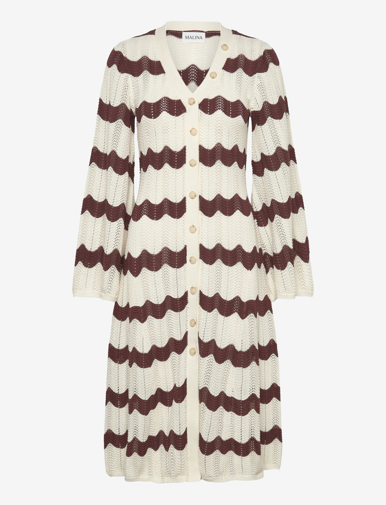 Malina - Isobel Wide Sleeve Knitted Midi Dress - strikkjoler - brown stripe - 1