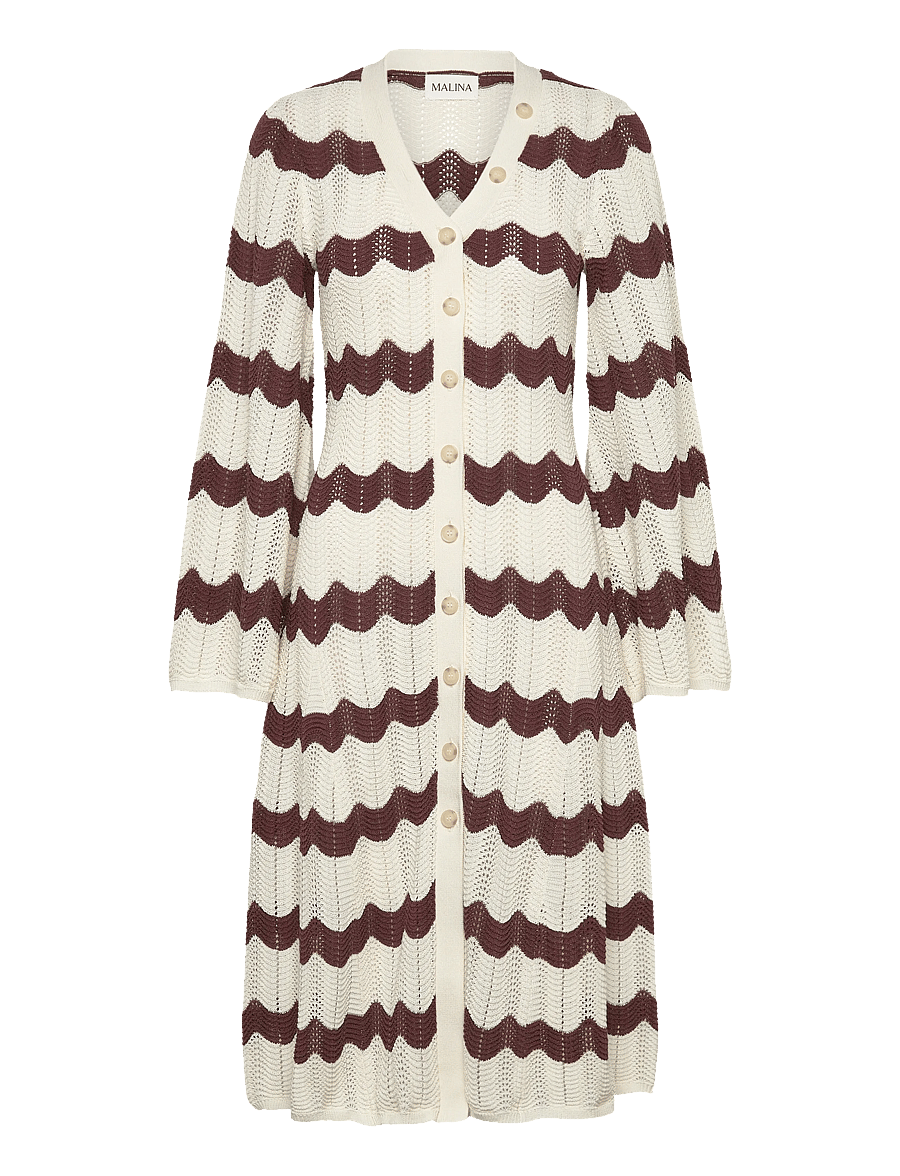 Malina - Isobel Wide Sleeve Knitted Midi Dress - stickade klänningar - brown stripe - 1
