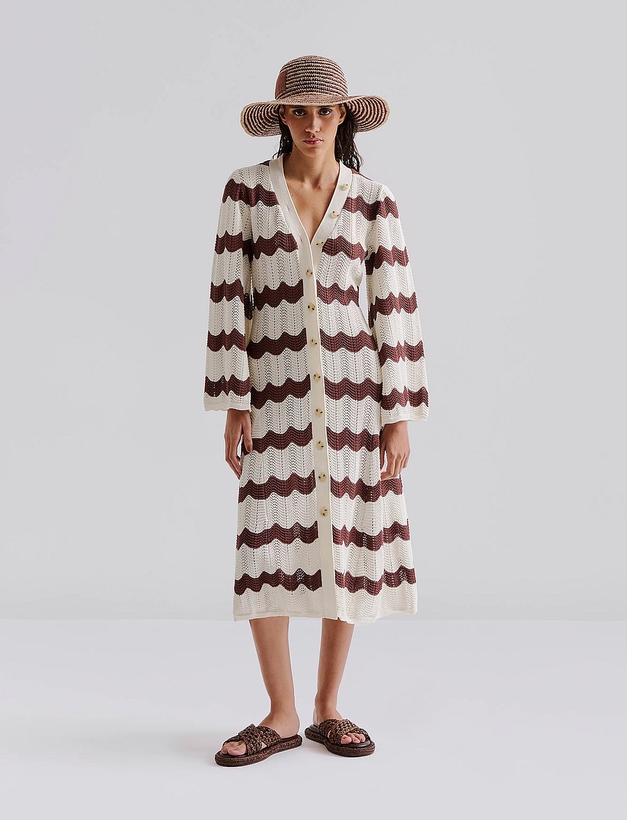 Malina - Isobel Wide Sleeve Knitted Midi Dress - stickade klänningar - brown stripe - 0