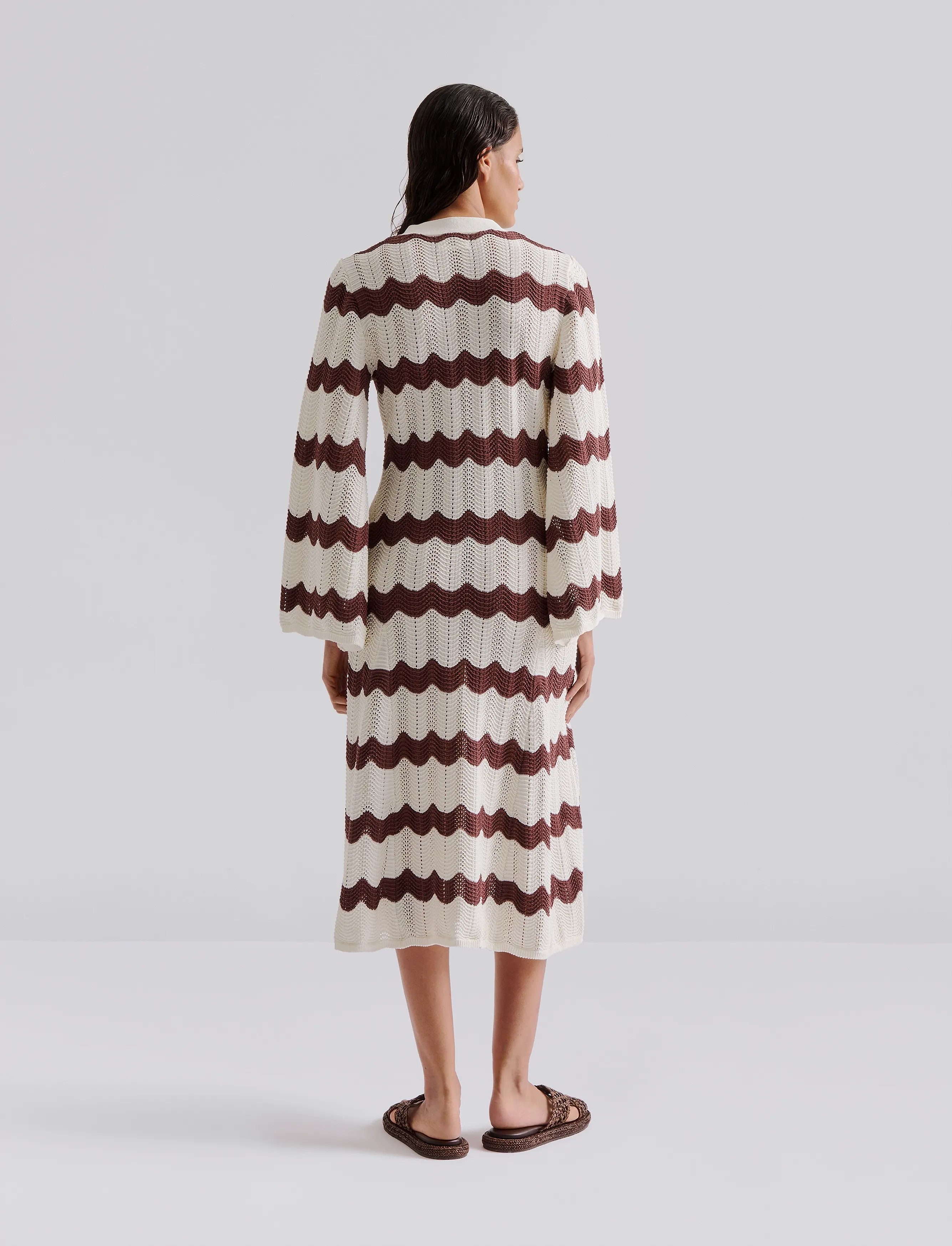 Malina - Isobel Wide Sleeve Knitted Midi Dress - knitted dresses - brown stripe - 3