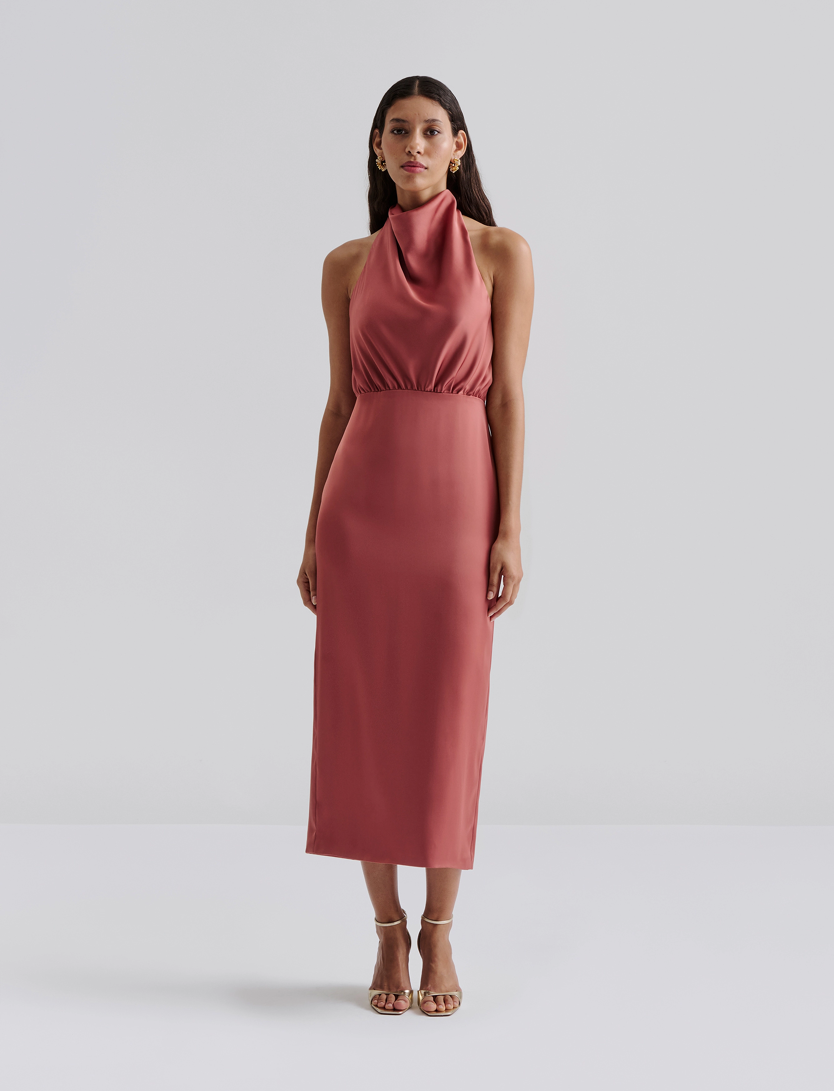 Malina Solange Open Back Halterneck Midi Dress, 44, Designer, Rosa - Knee-length & Midi, Frauen