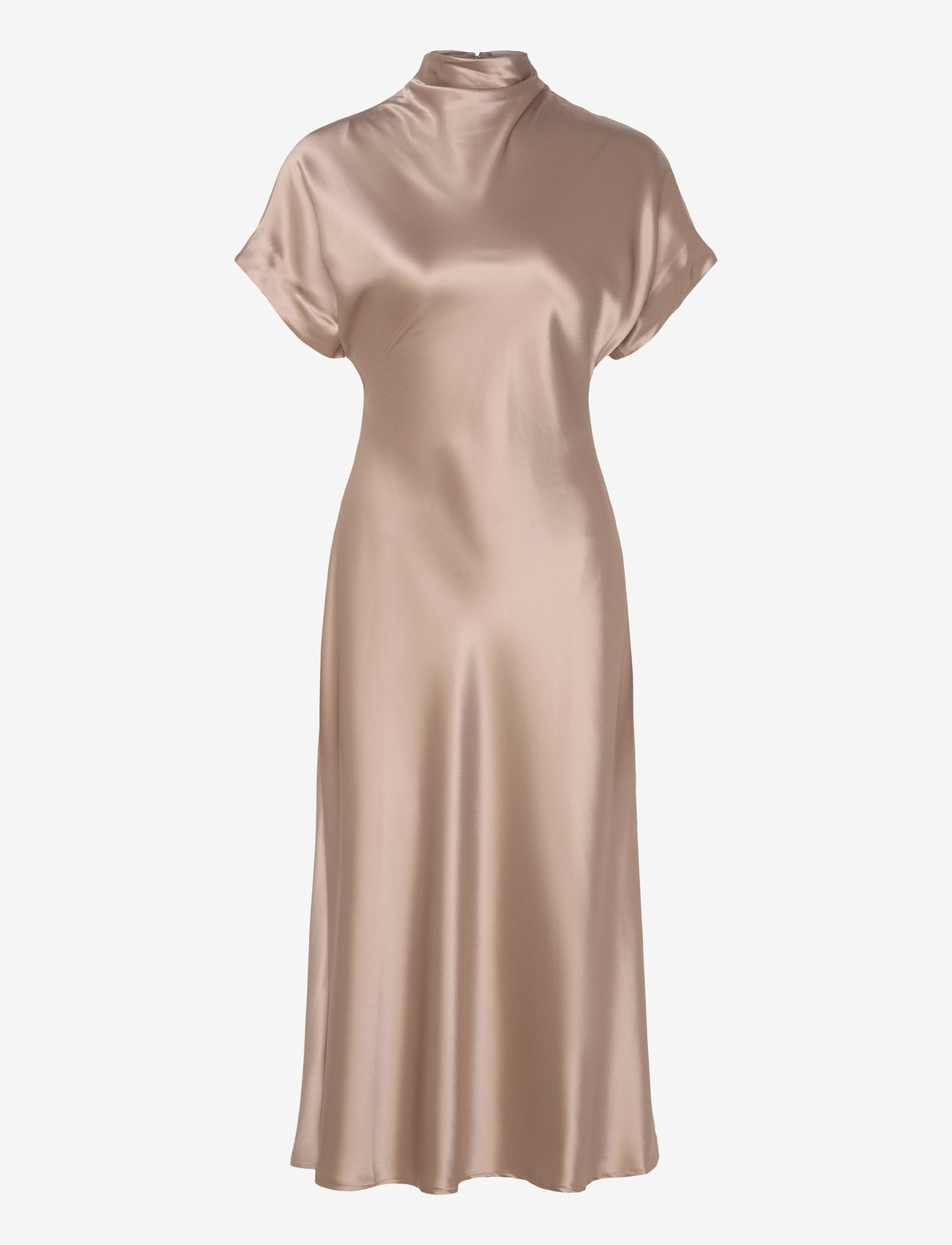 knee length dresses for ladies Taupe Knit Contrast Top Satin Short Sleeve Midi Dress – PinkBlush main image 1
