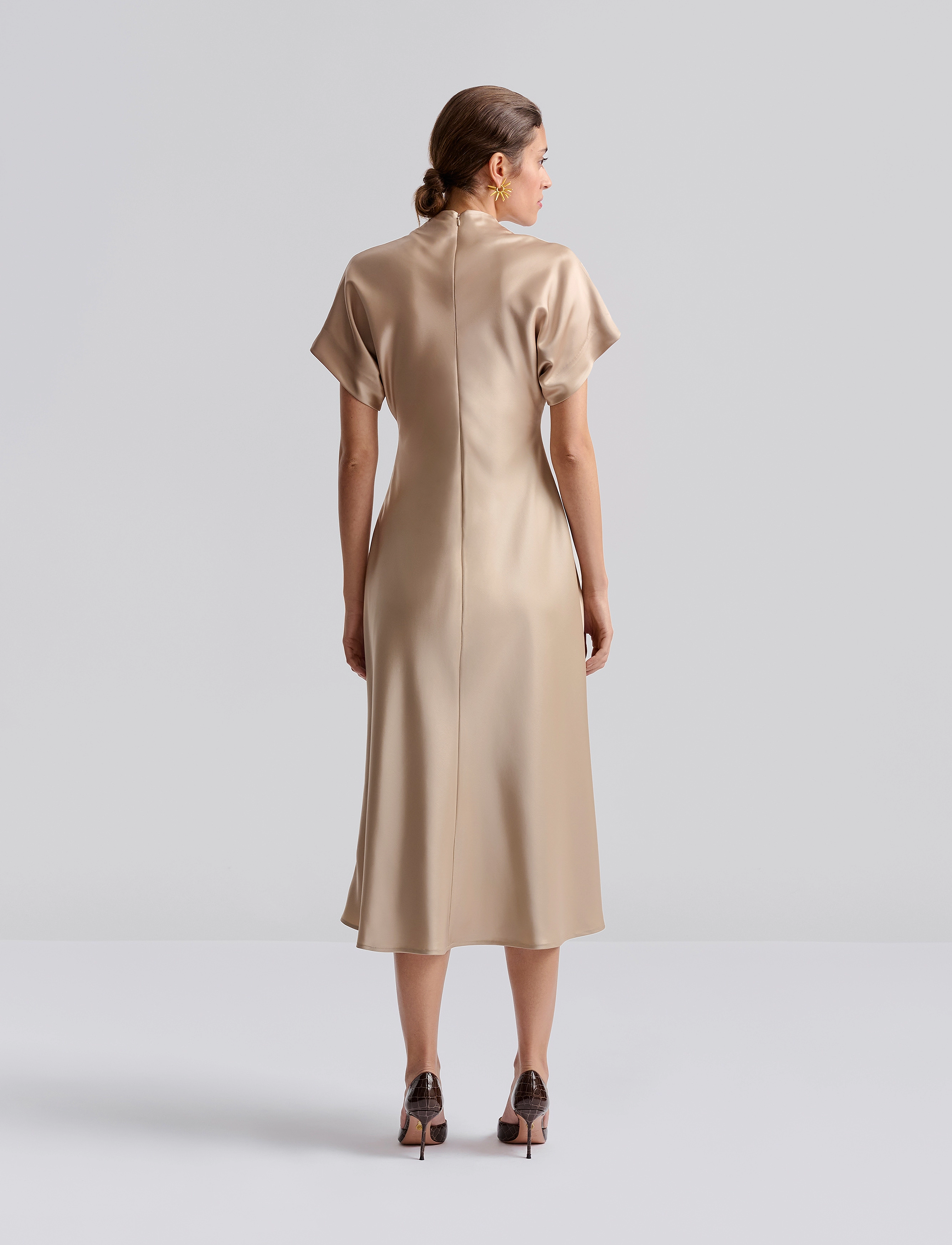 Malina - Alivia Short Sleeve Satin Midi Dress - champagne - 3