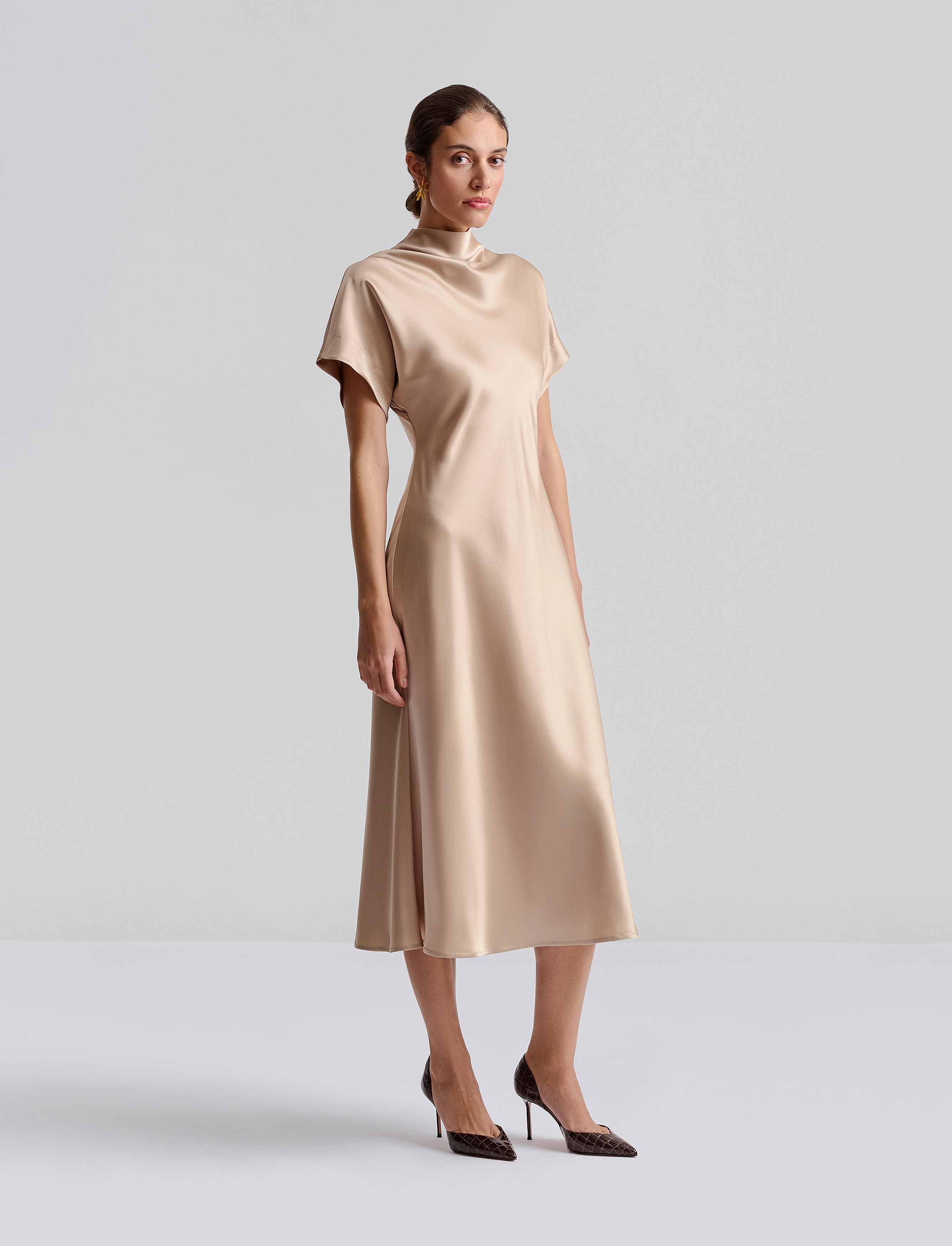 Malina - Alivia Short Sleeve Satin Midi Dress - champagne - 5