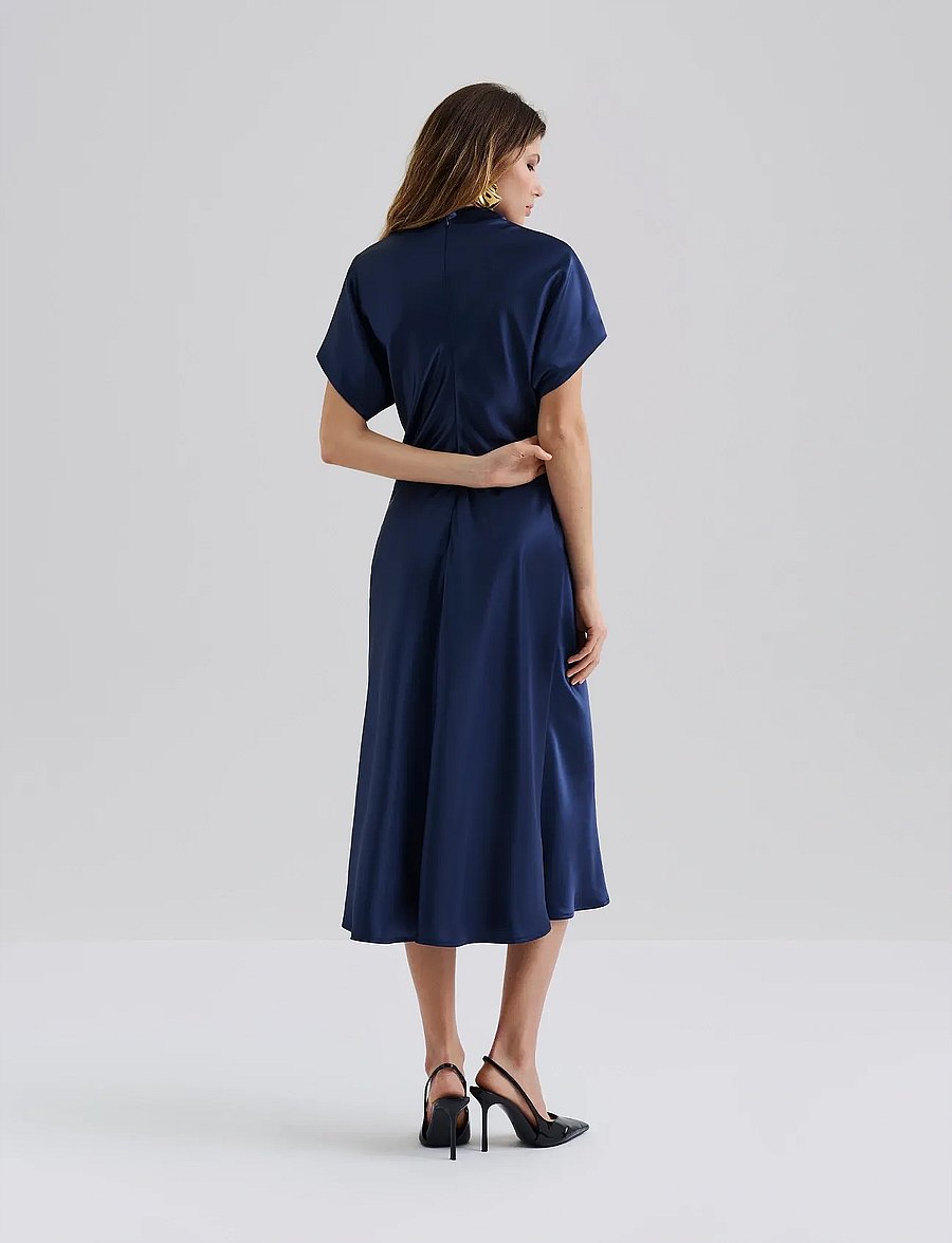 Malina - Alivia Short Sleeve Satin Midi dress - cocktailklänningar - dark blue - 3