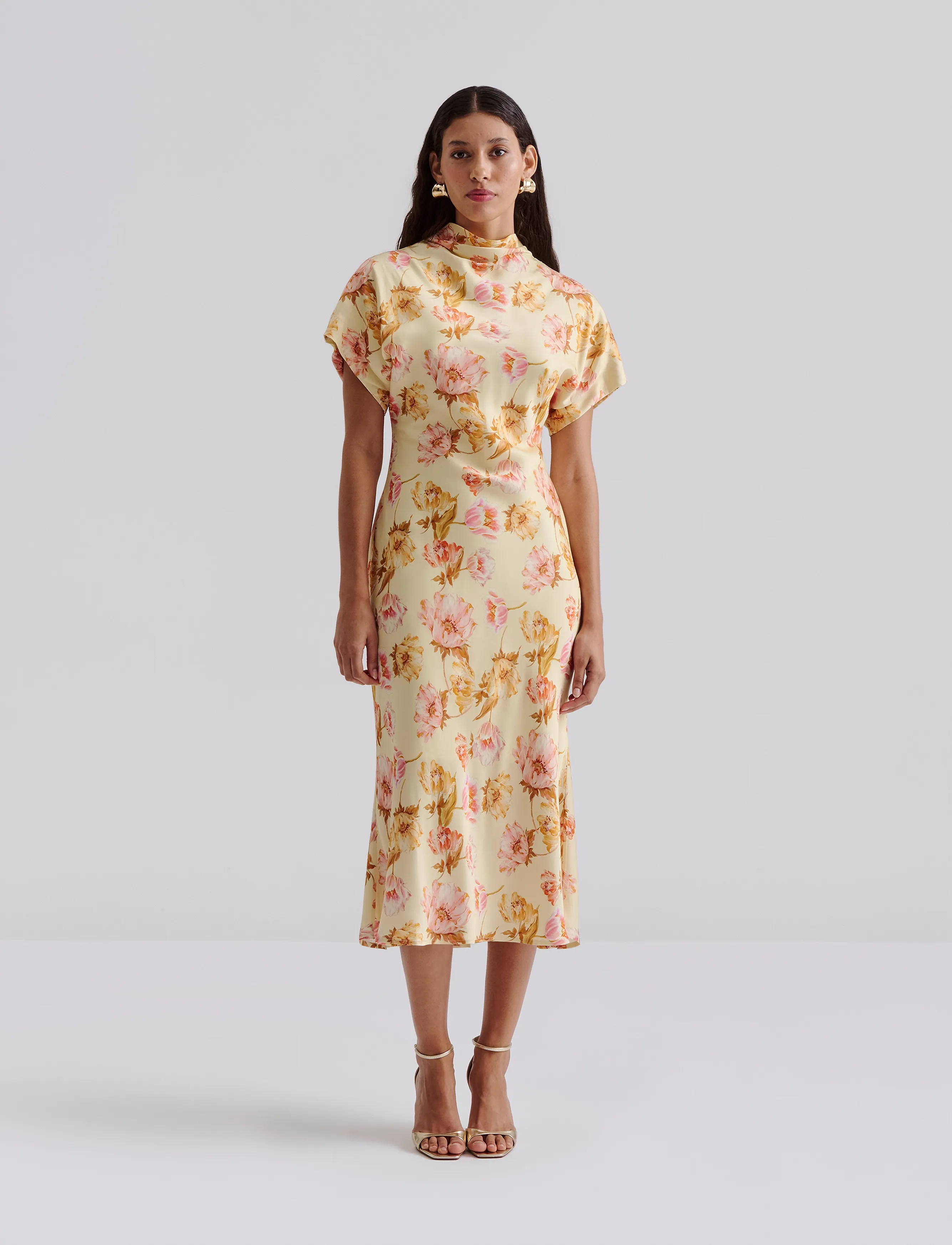 Malina Alivia Short Sleeve Satin Midi Dress - Cocktailkjoler - LEMON PEONY / yellow
