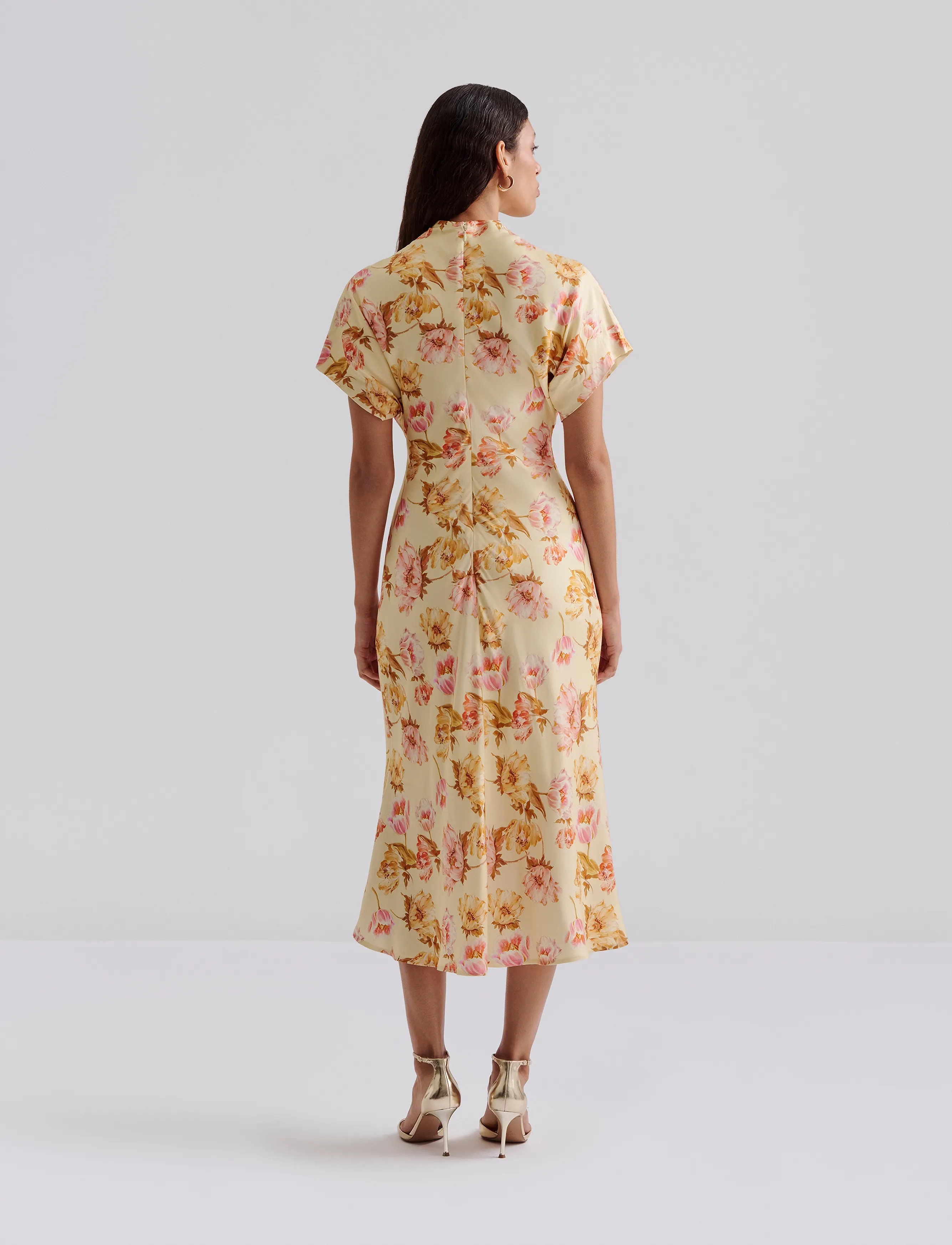 Malina - Alivia Short Sleeve Satin Midi Dress - lemon peony - 3