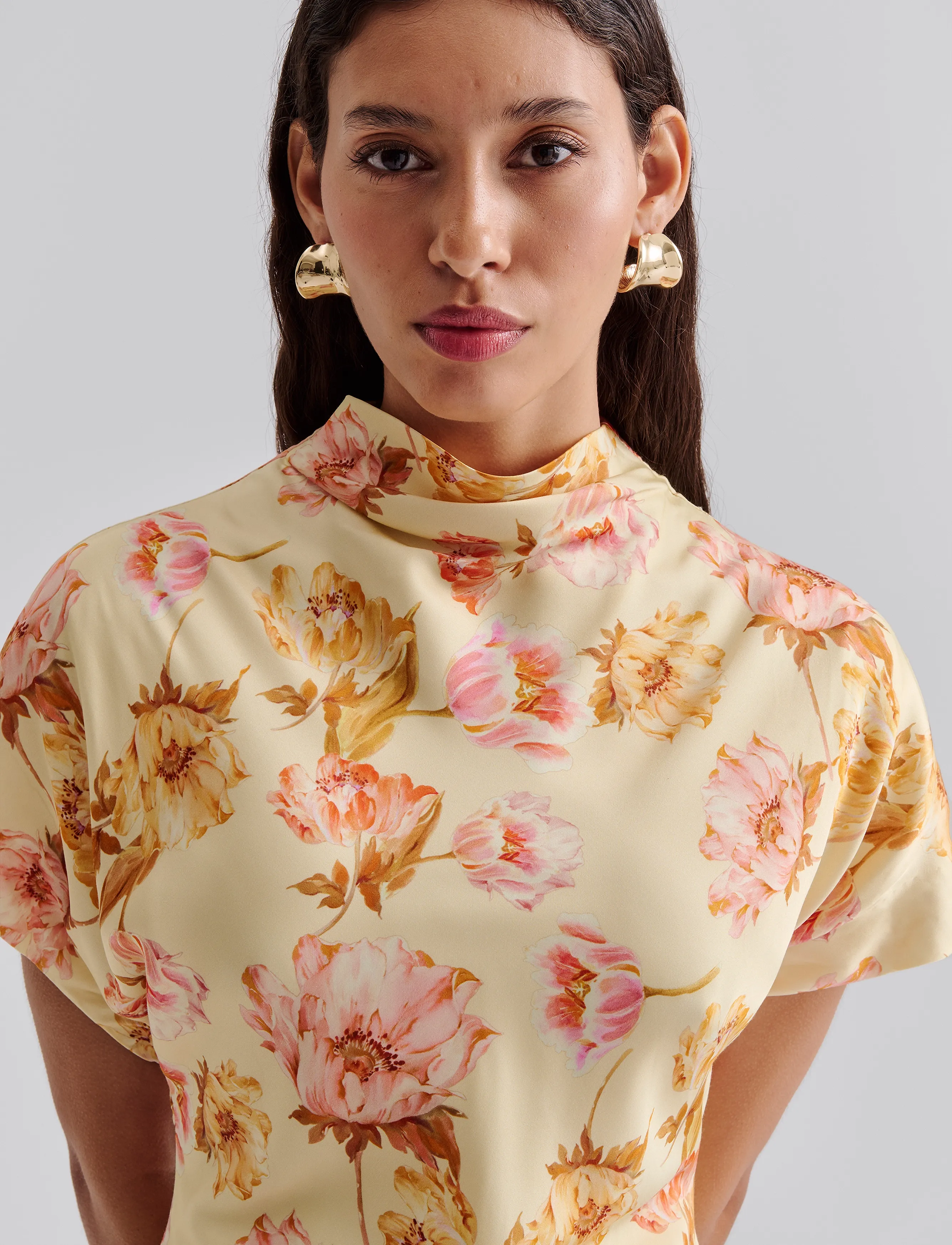 Malina - Alivia Short Sleeve Satin Midi Dress - lemon peony - 4