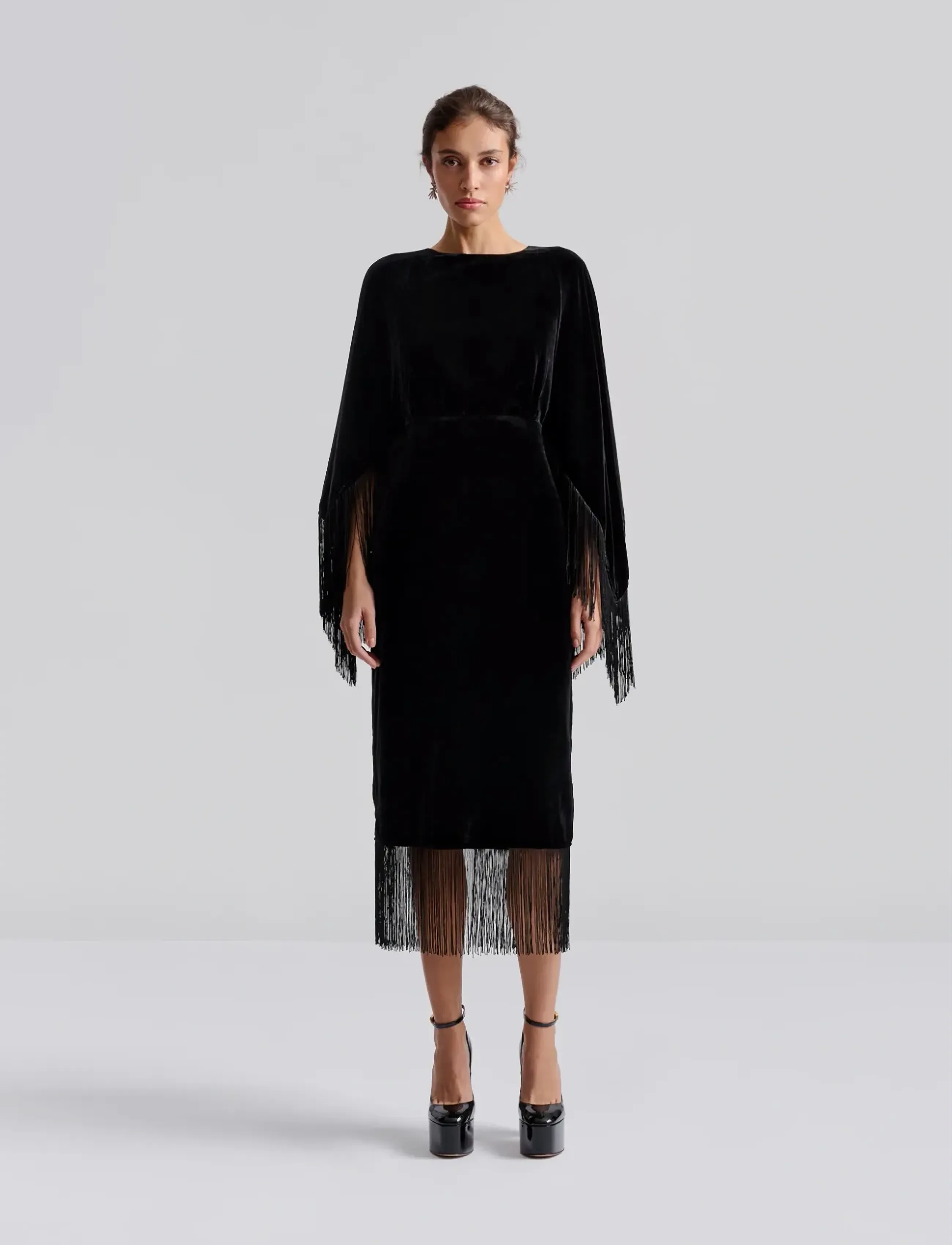 Malina Tara Fringe Velvet midi dress - Officewear - BLACK / black