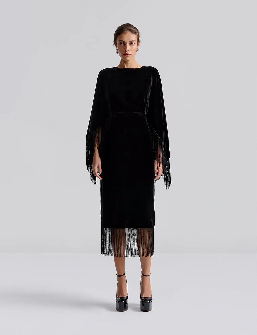 Malina - Tara fringe velvet midi dress - robes midi - black - 0