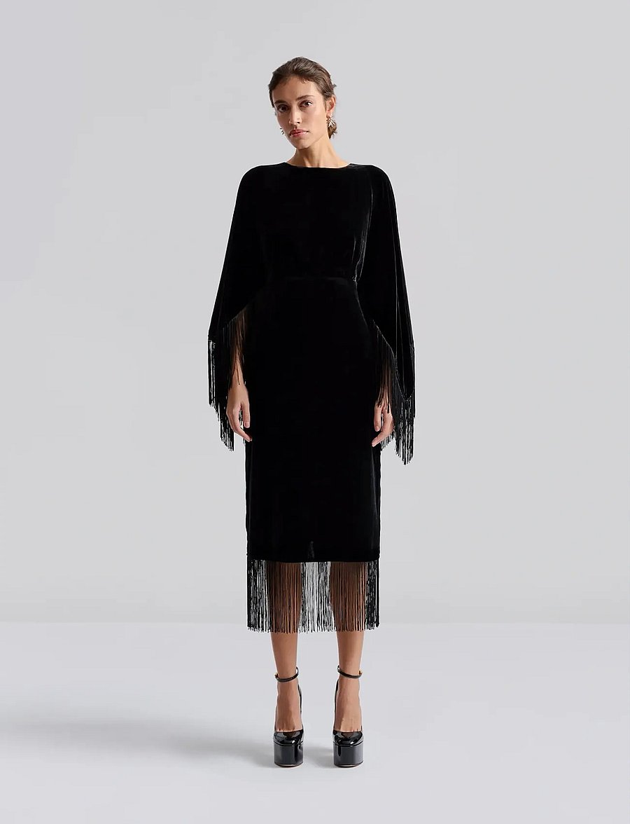 Malina - Tara fringe velvet midi dress - robes midi - black - 4