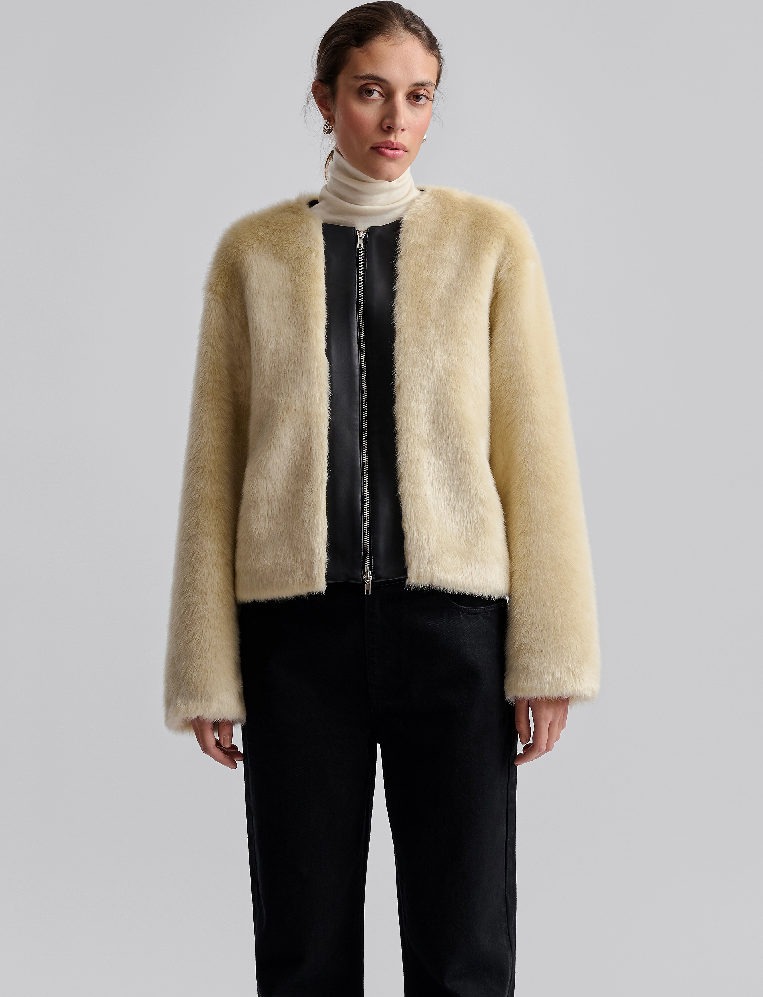 Malina - Engla Faux Fur and Leather Jacket - vorjakkar - cream - 4