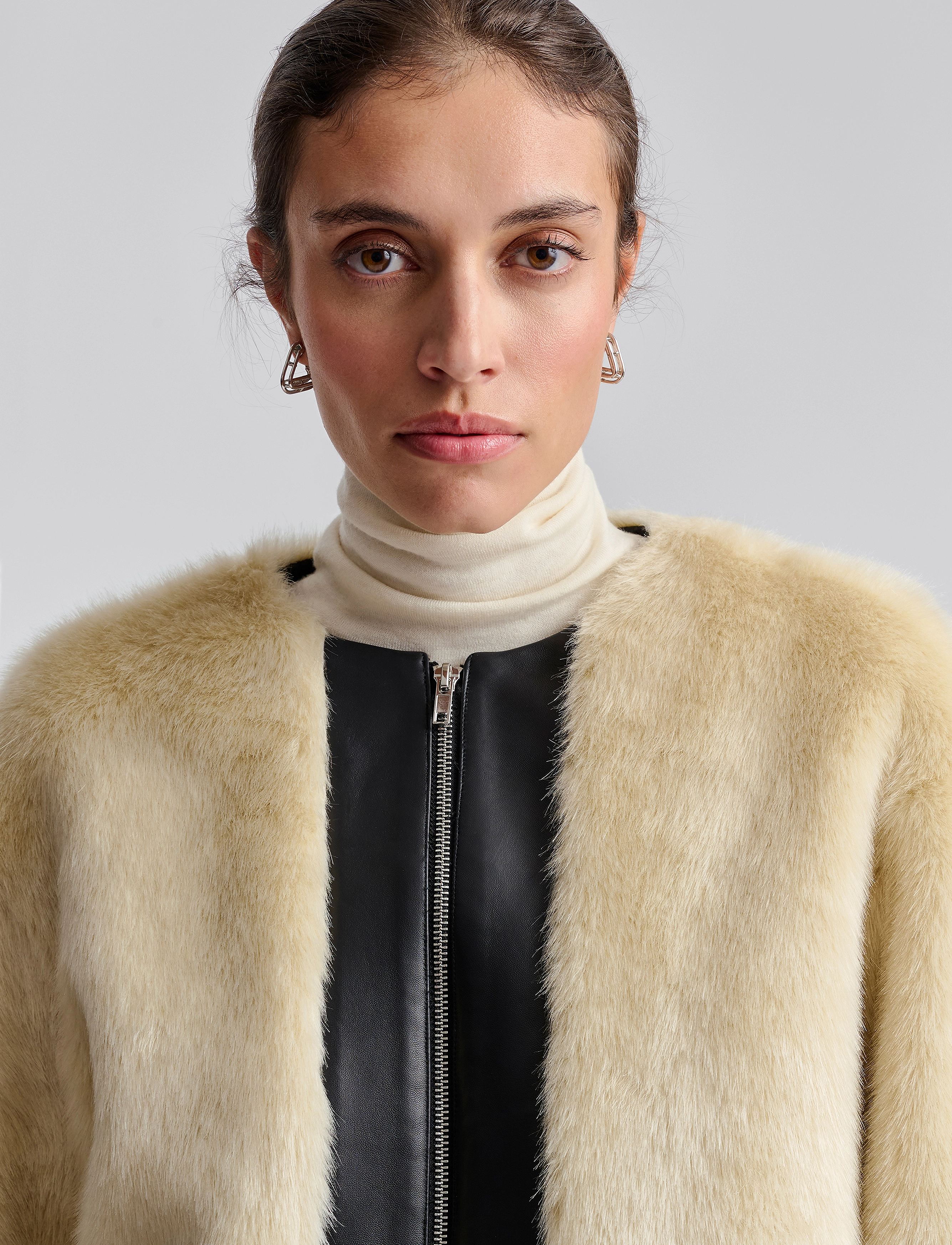 Malina - Engla Faux Fur and Leather Jacket - vorjakkar - cream - 5