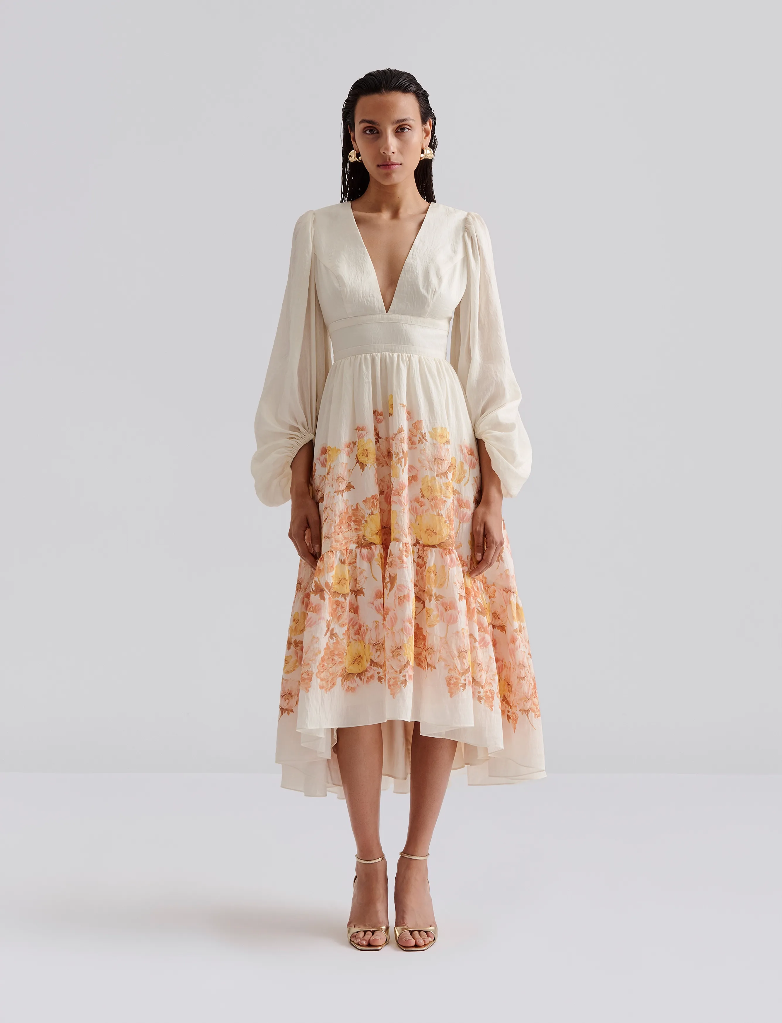 Malina Sasia Deep V Neck Midi Dress, 40, Designer, Beige - Evening Dresses, Frauen