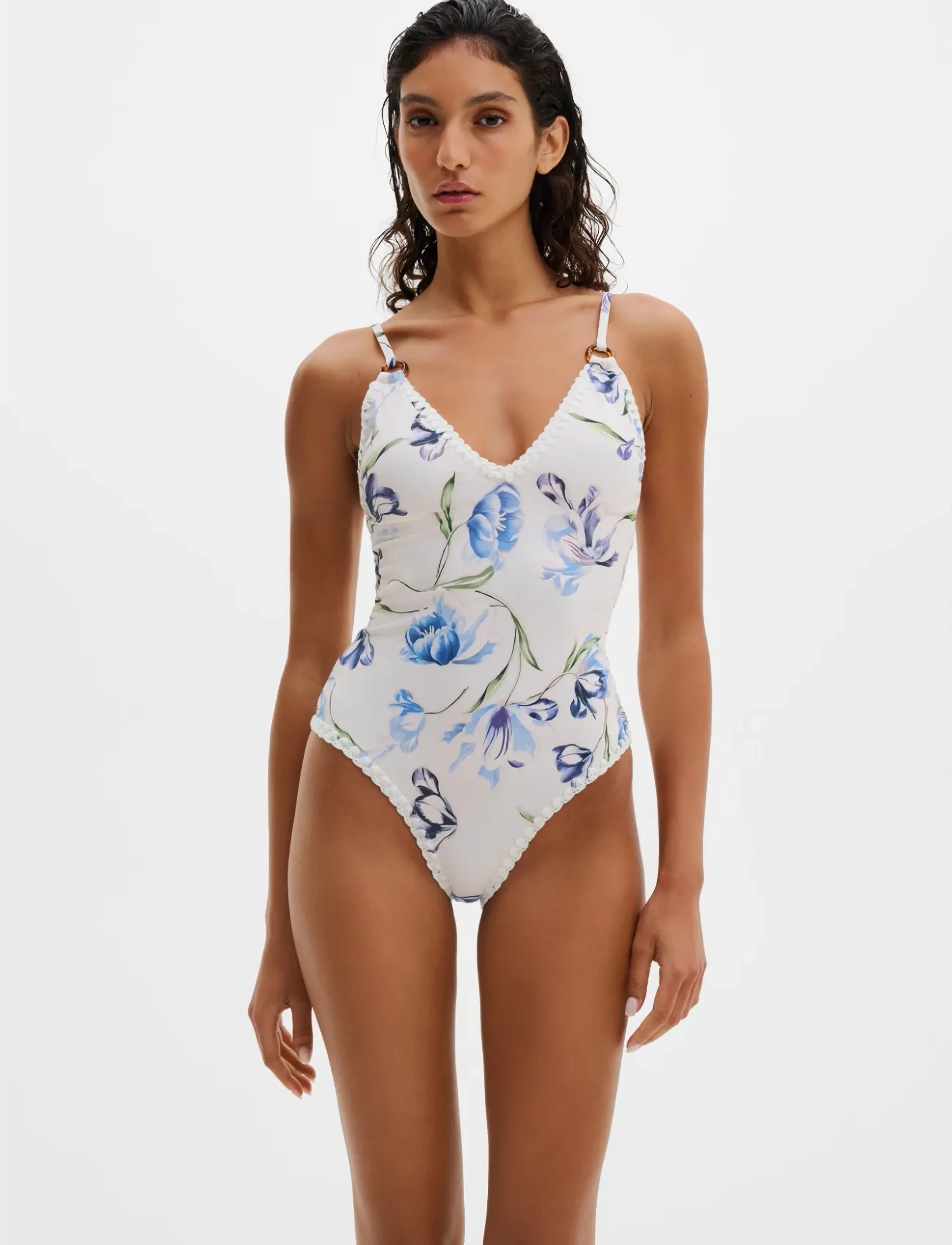 Malina Nila V-Neck Crochet Trimmed Swimsuit - Malina - TULIP BLUE / white