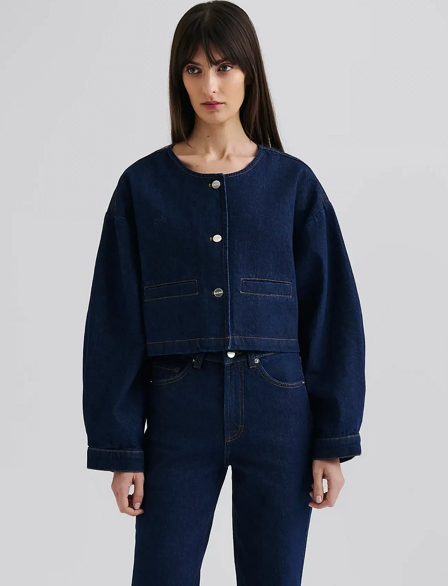 Malina - Elowen cropped denim jacket - jeansjackor - unwashed dark blue - 0