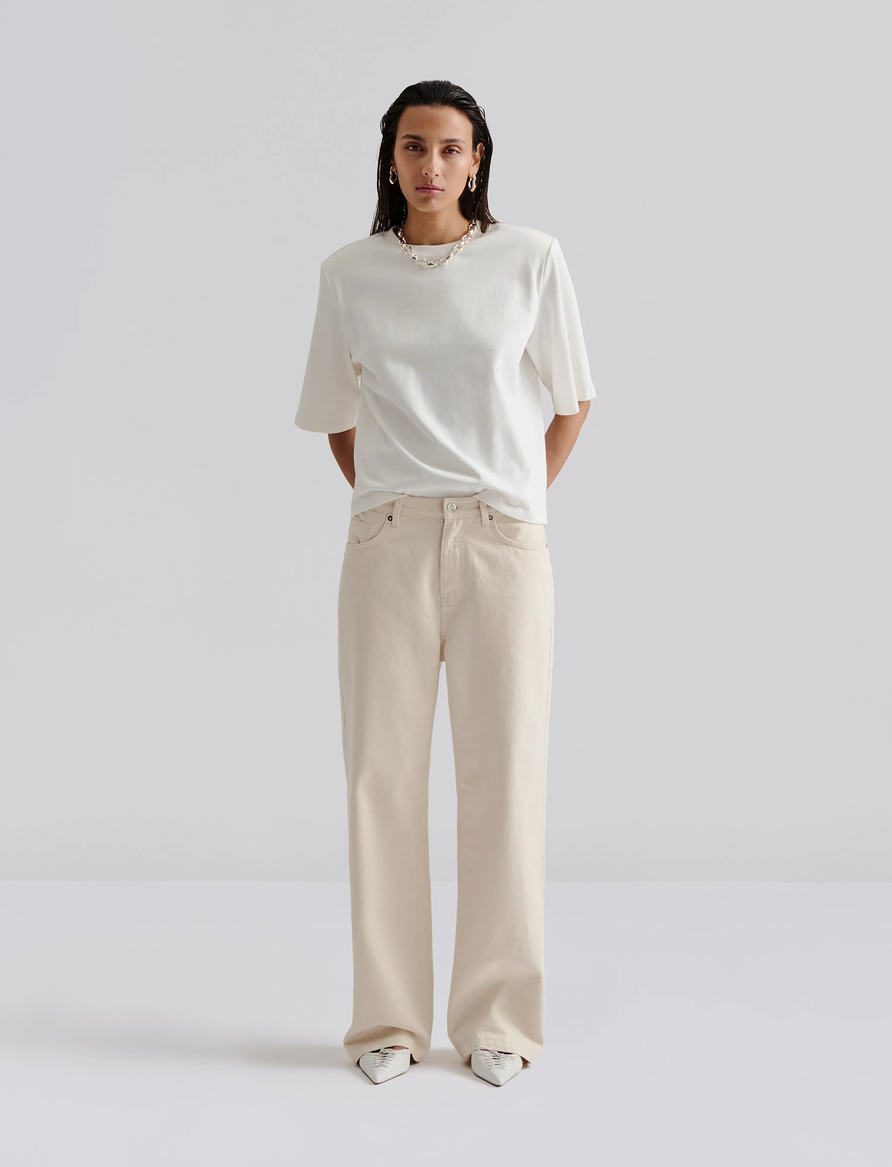 Malina Matilda Slouchy Mid Rise Wide Jeans, 30, Cream, Jeans > Vidde, Dame