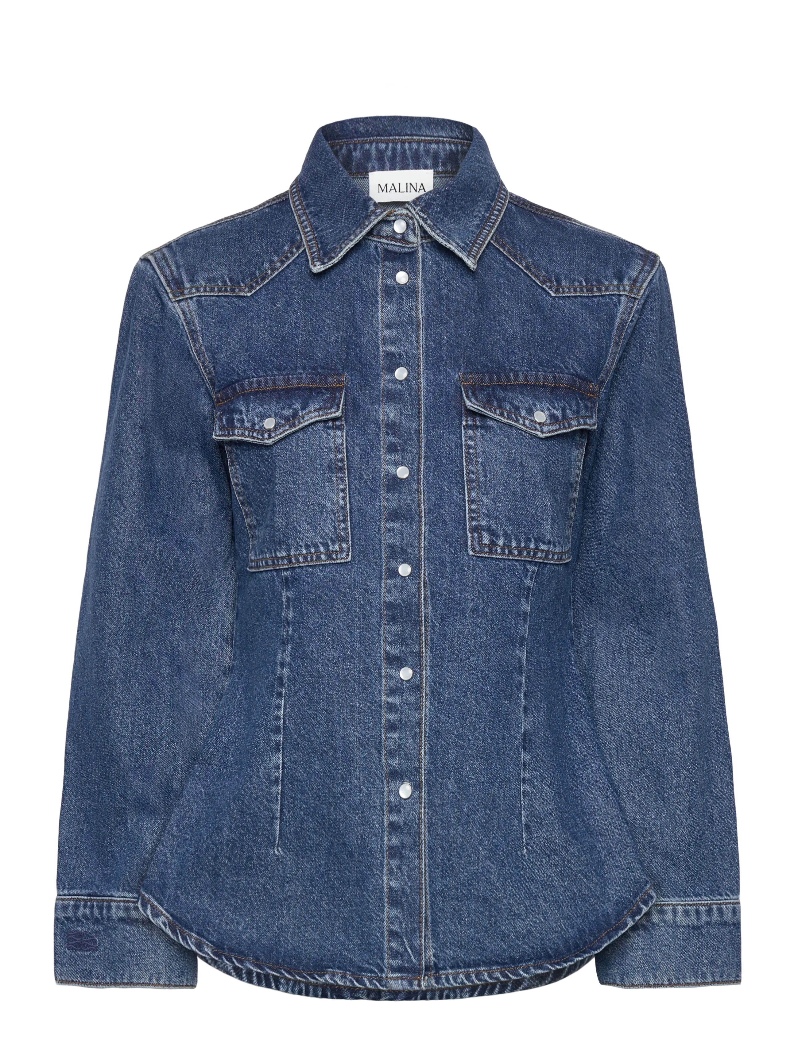 Anthea Fitted Waist Denim Shirt - DARK BLUE WASH