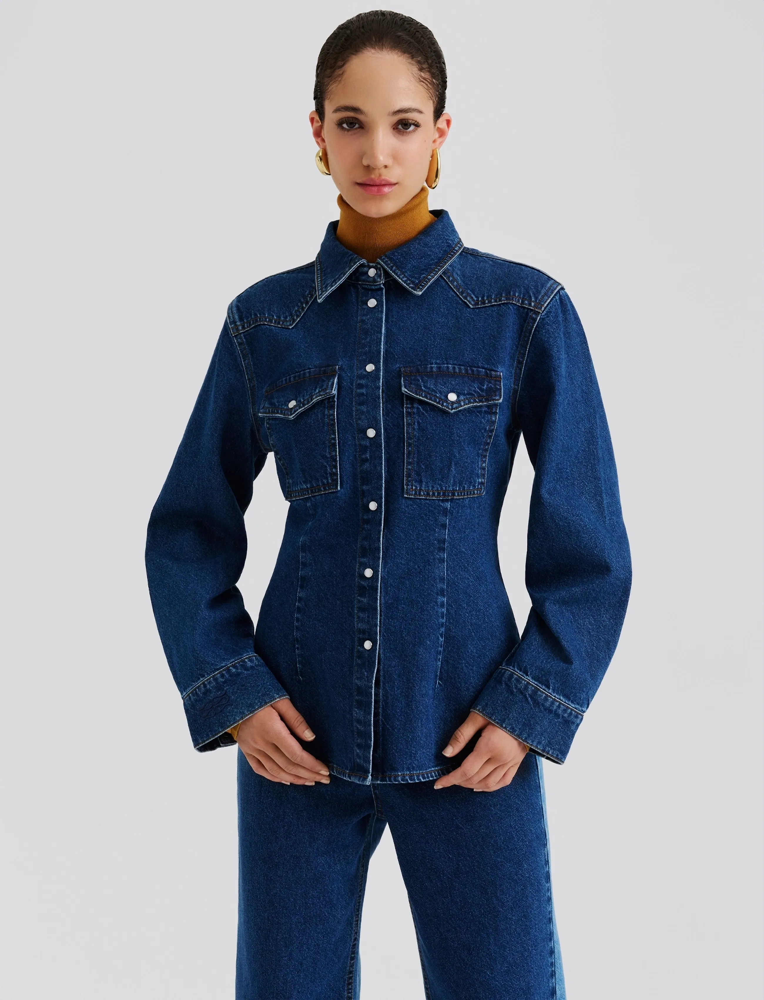 Malina Anthea Fitted Waist Denim Shirt - Kleidung - DARK BLUE WASH / blue