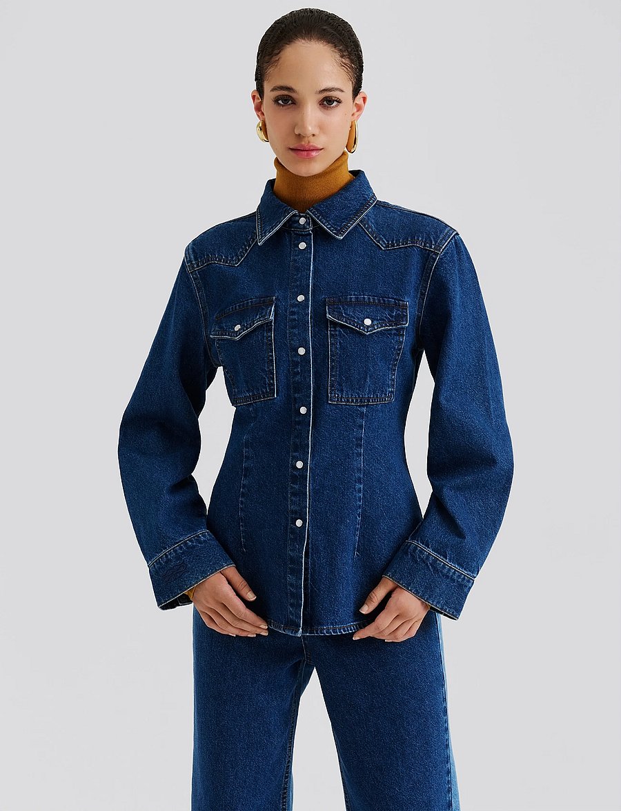 Malina - Anthea Fitted Waist Denim Shirt - teksasärgid - dark blue wash - 0