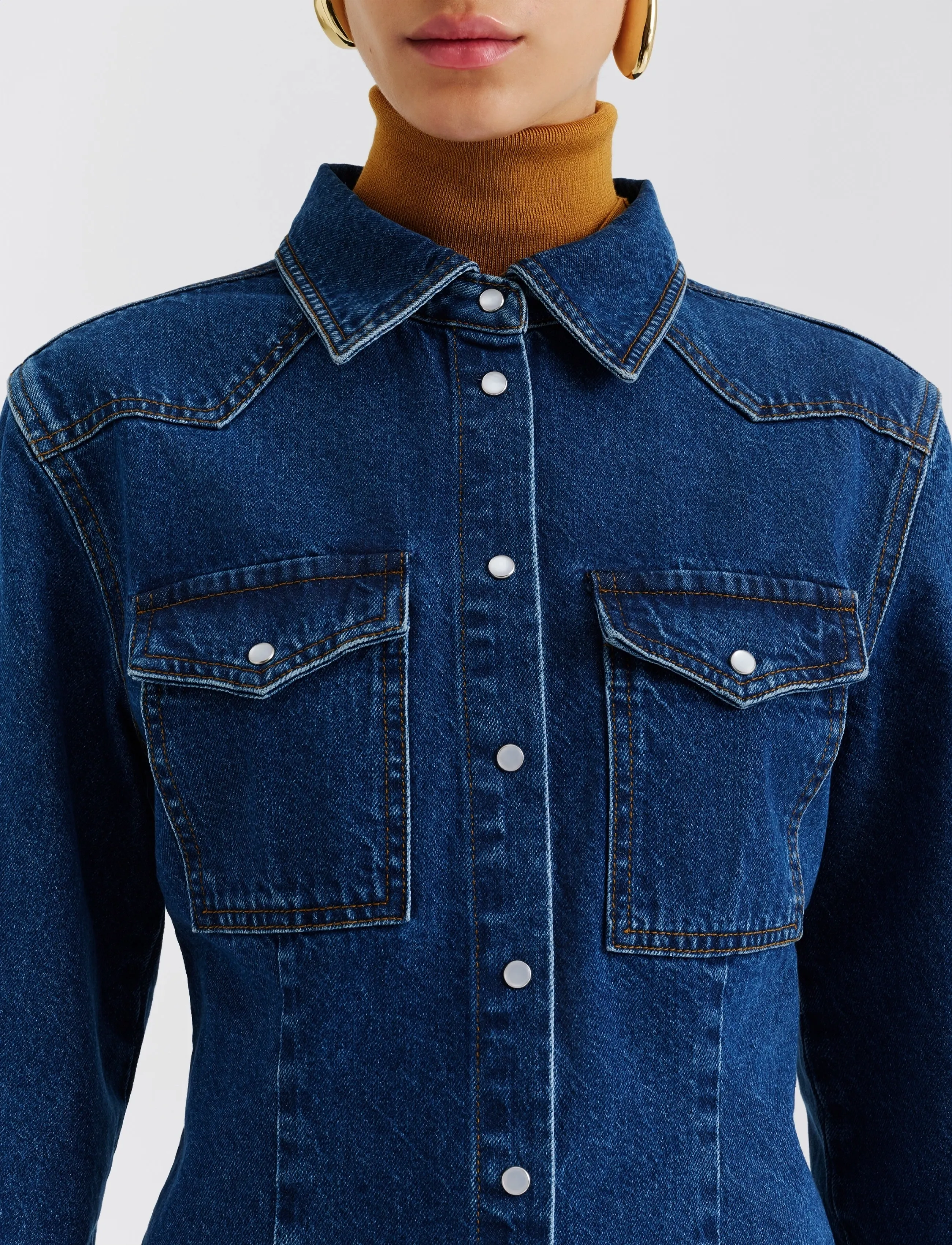 Malina - Anthea Fitted Waist Denim Shirt - forårsjakker - dark blue wash - 4