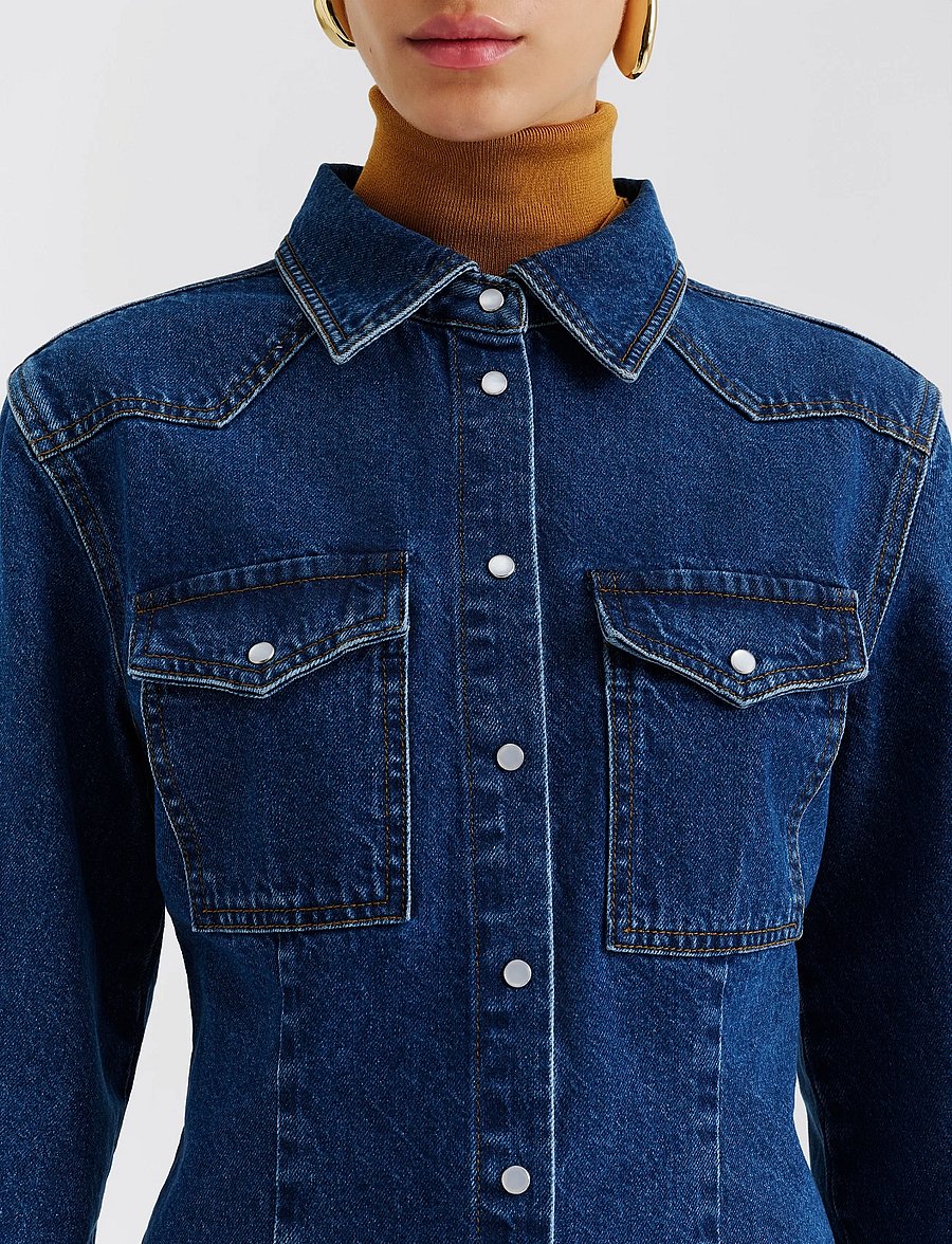 Malina - Anthea Fitted Waist Denim Shirt - teksasärgid - dark blue wash - 4