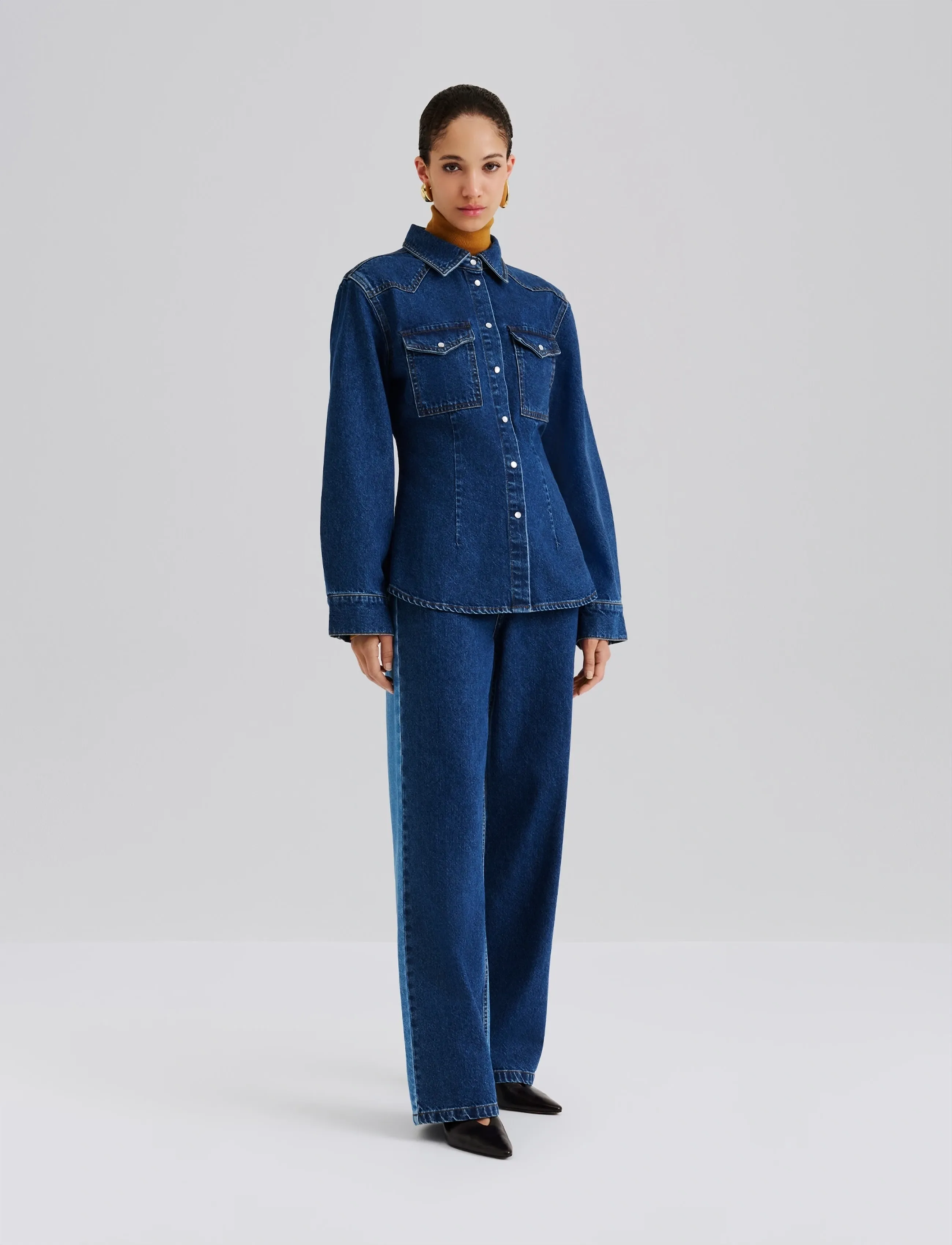 Malina - Anthea Fitted Waist Denim Shirt - forårsjakker - dark blue wash - 5