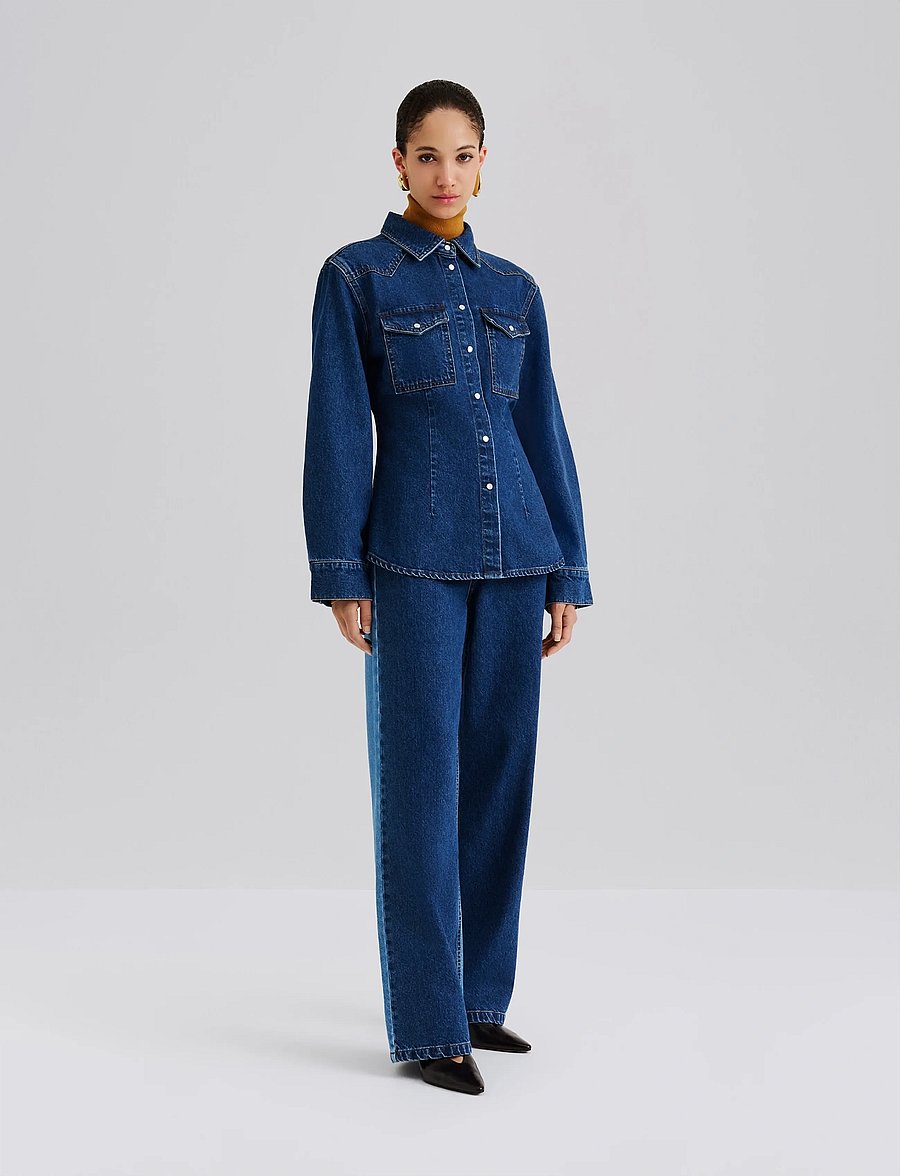 Malina - Anthea Fitted Waist Denim Shirt - teksasärgid - dark blue wash - 5