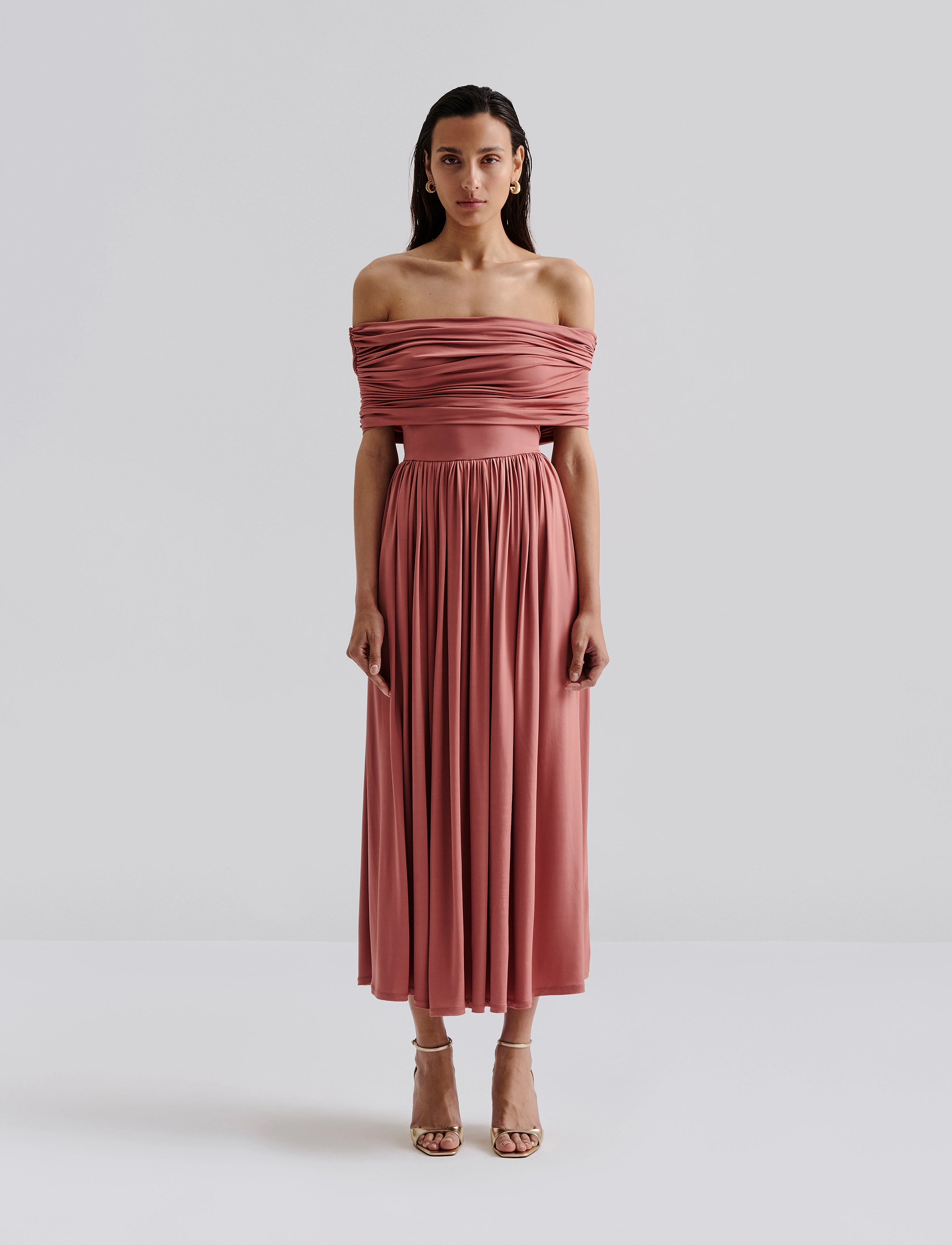 Malina Ariel off shoulder jersey midi dress - Kampagne - TERRACOTTA / pink/rose