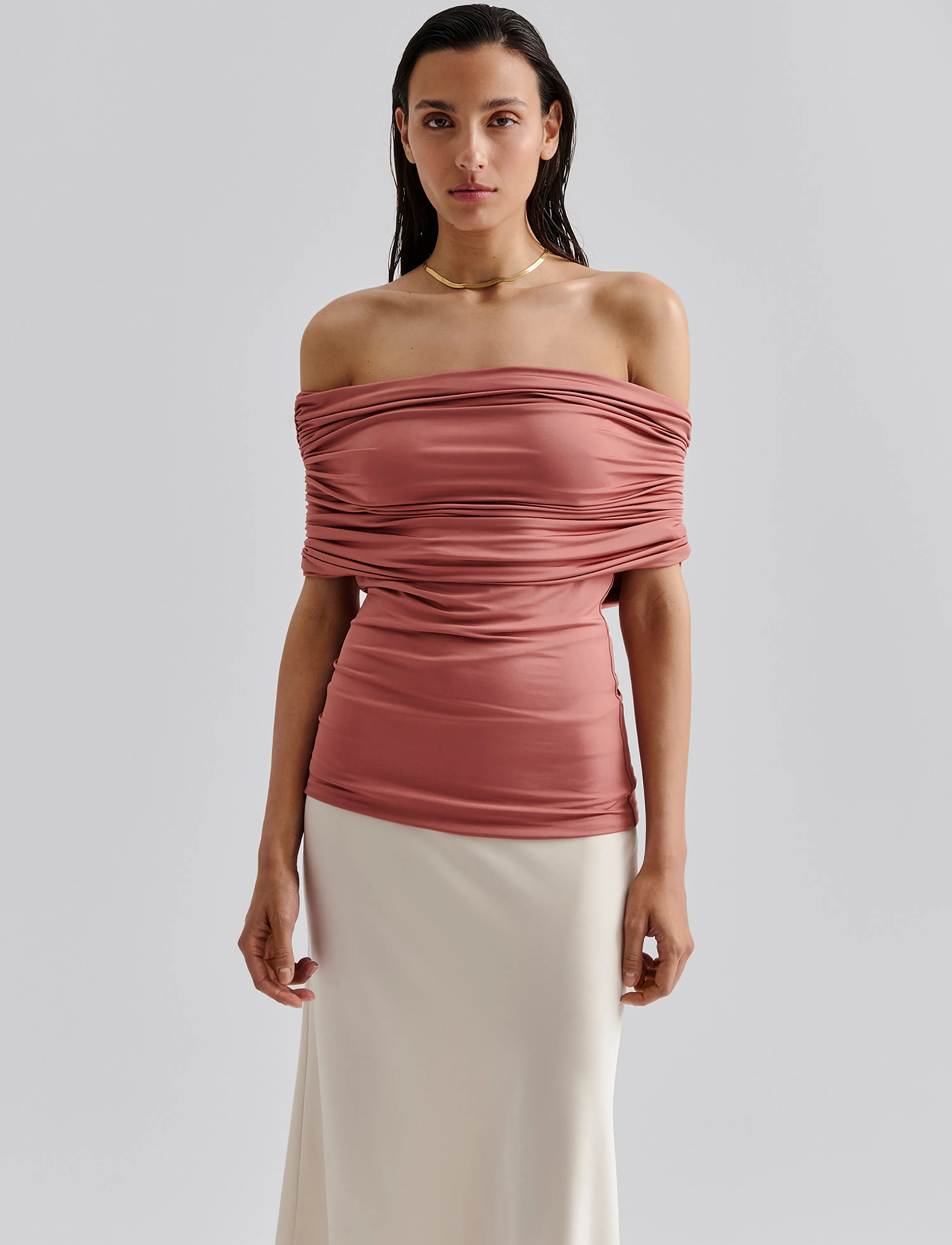 Malina - Ariel jersey off shoulder top - sleeveless tops - terracotta - 3