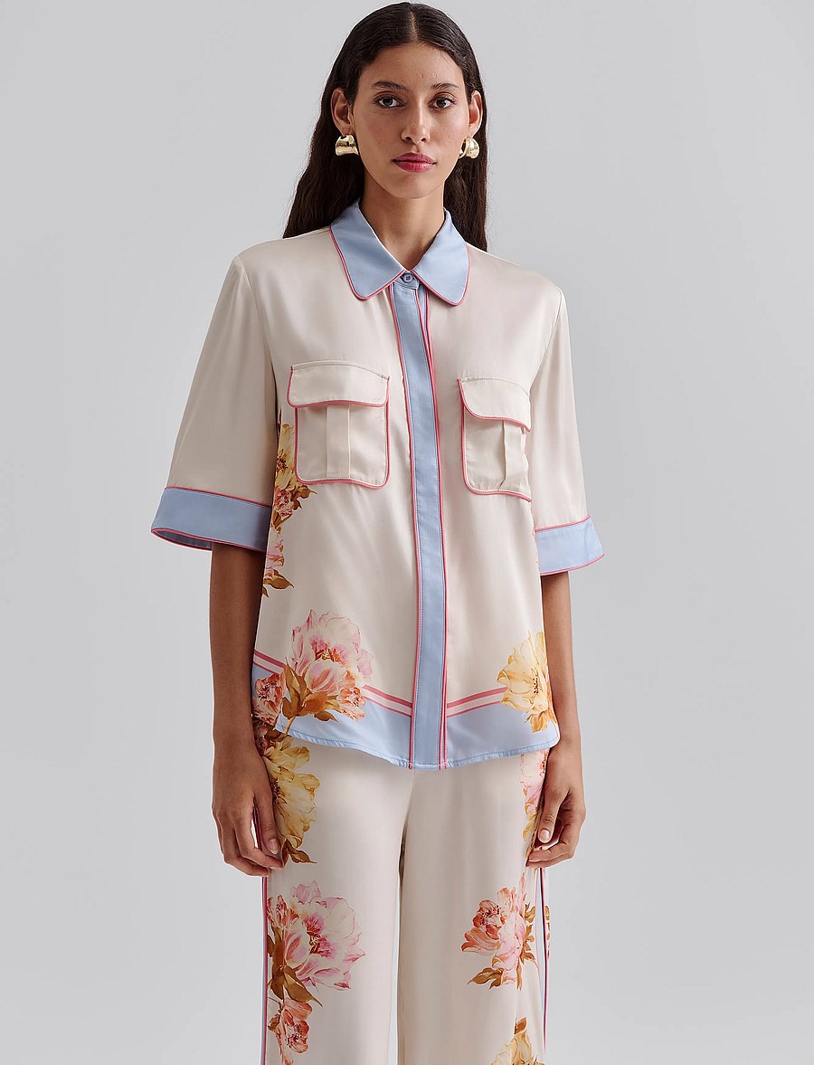 Malina - Pam short sleeve satin shirt - kurzärmlige hemden - cream peony - 0