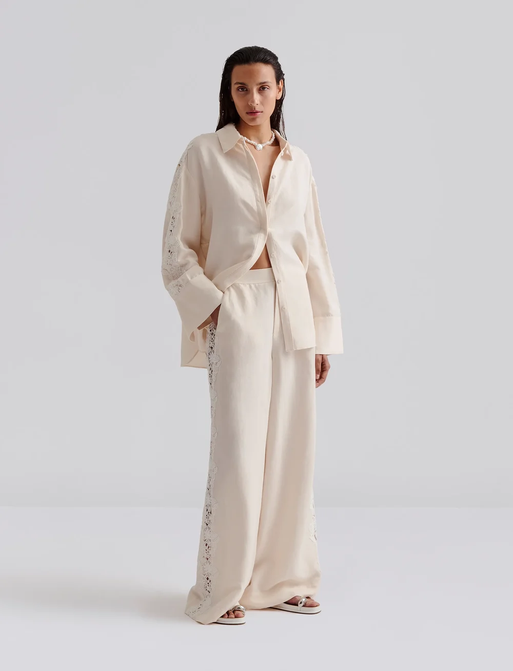 Malina - Ember lace detail linen shirt - leinenhemden - vanilla - 0