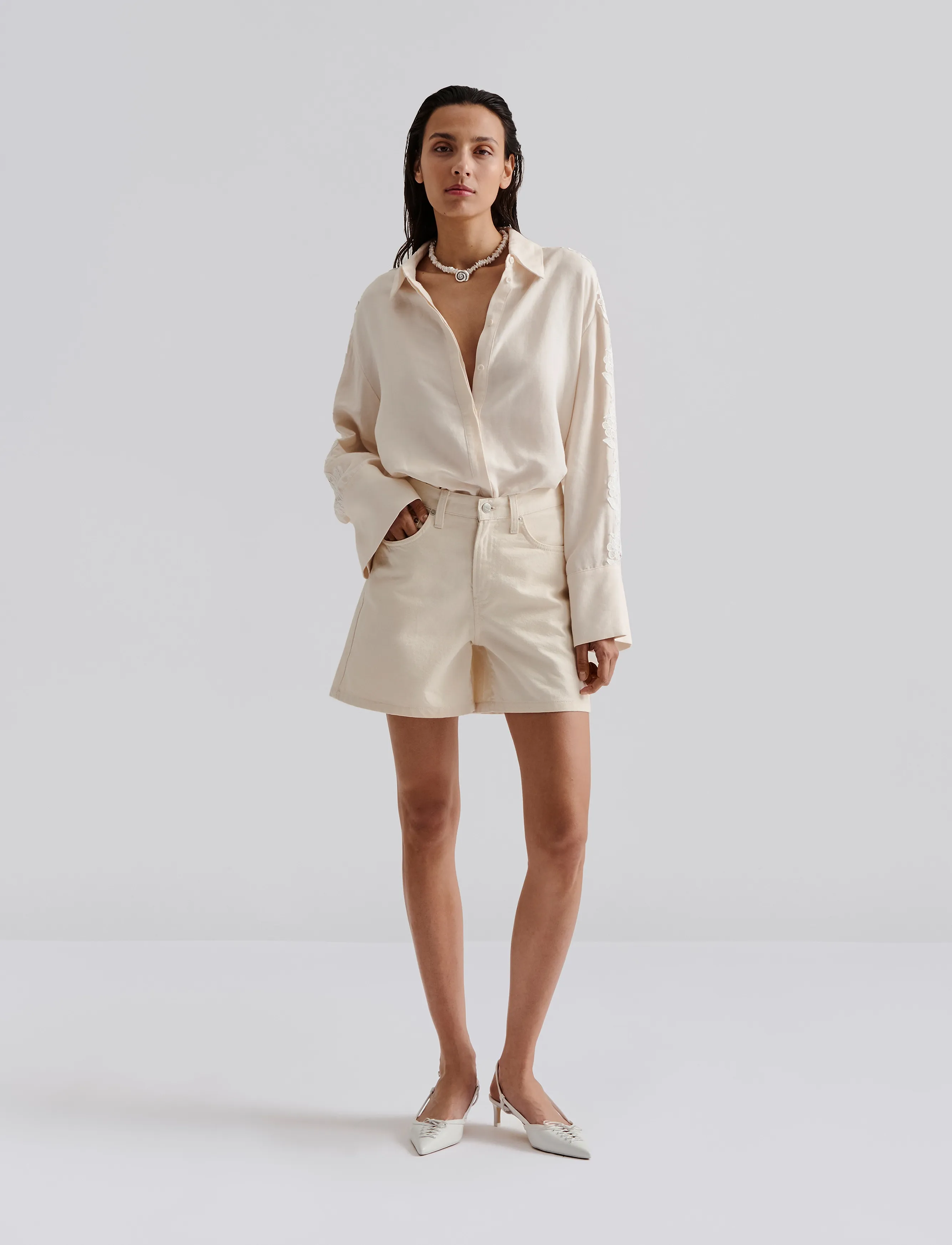 Malina Solene High Rise Denim Shorts, 44, Cream, Shorts > Denim Shorts, Dame