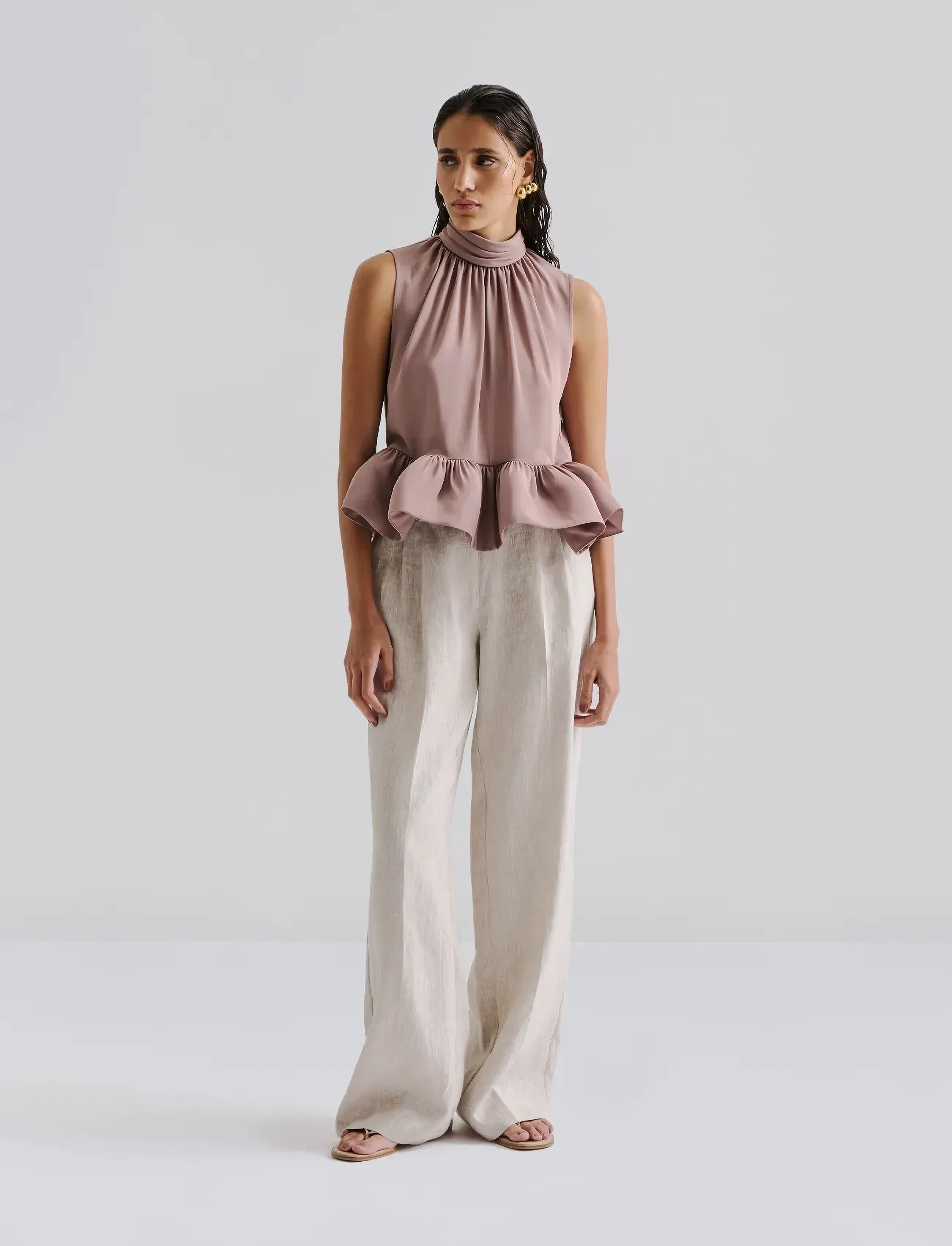 Malina Lune Halterneck Frilled Hem Blouse, 36, Blouses, Braun - Sleeveless, Frauen